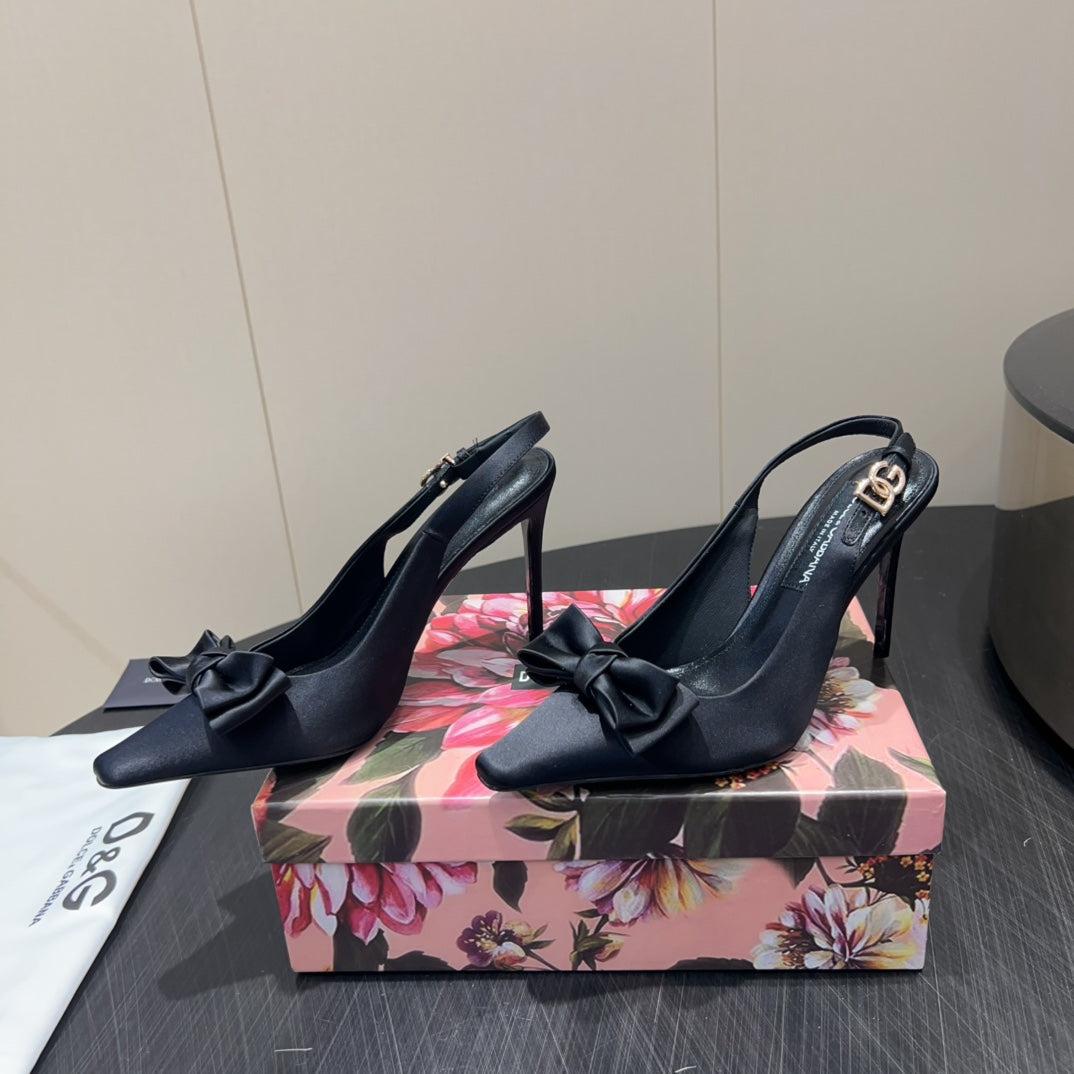 DC 25  Toe Bow Slingback Pumps 100mm Black Silk And Sheepskin 381612