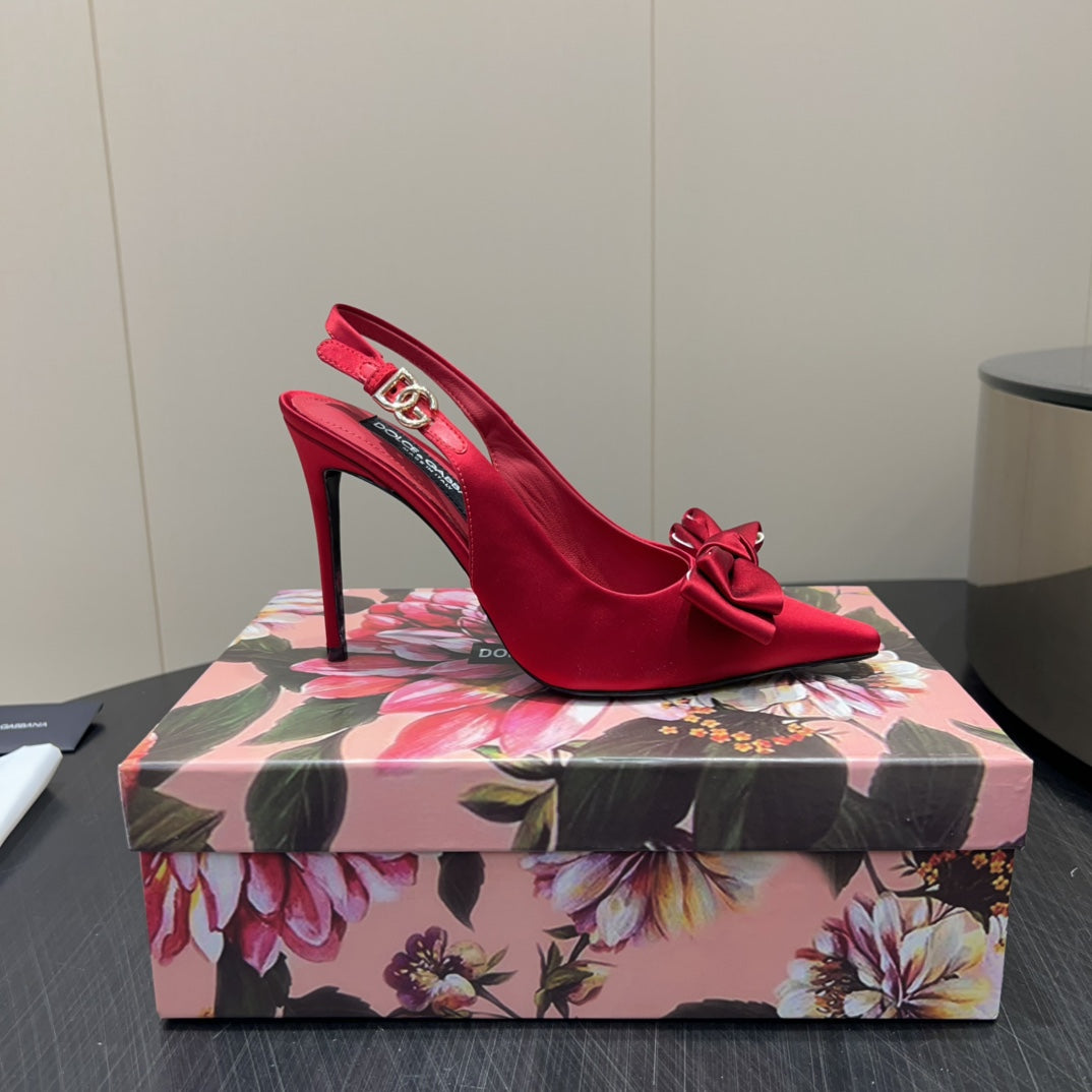 DC 25  Toe Bow High Heel Shoes 100mm Red Silk And Sheepskin 381613