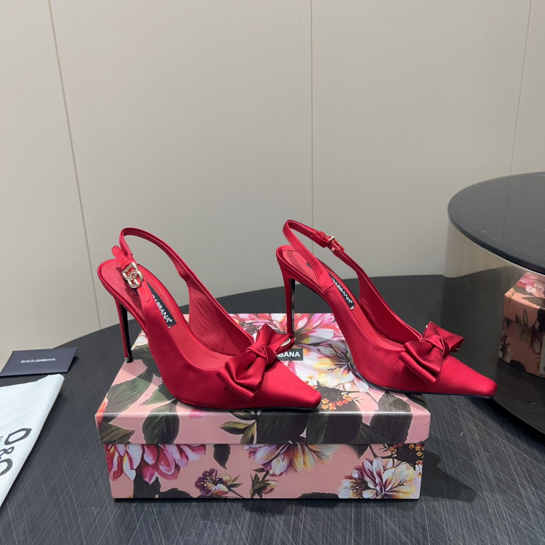 DC 25  Toe Bow High Heel Shoes 100mm Red Silk And Sheepskin 381613