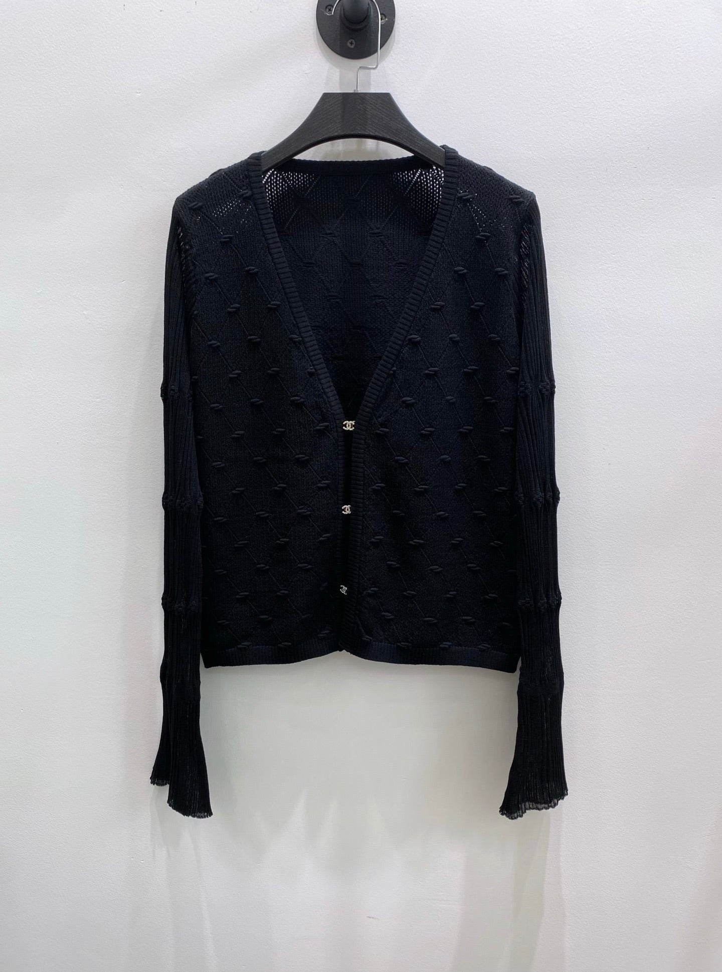 CC 26s V-Neck Textured Knit Cardigan Black Cotton Viscose 423131