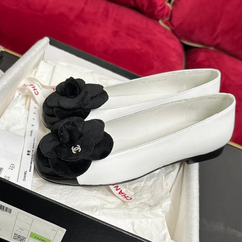 ballet flat black flower white calfskin