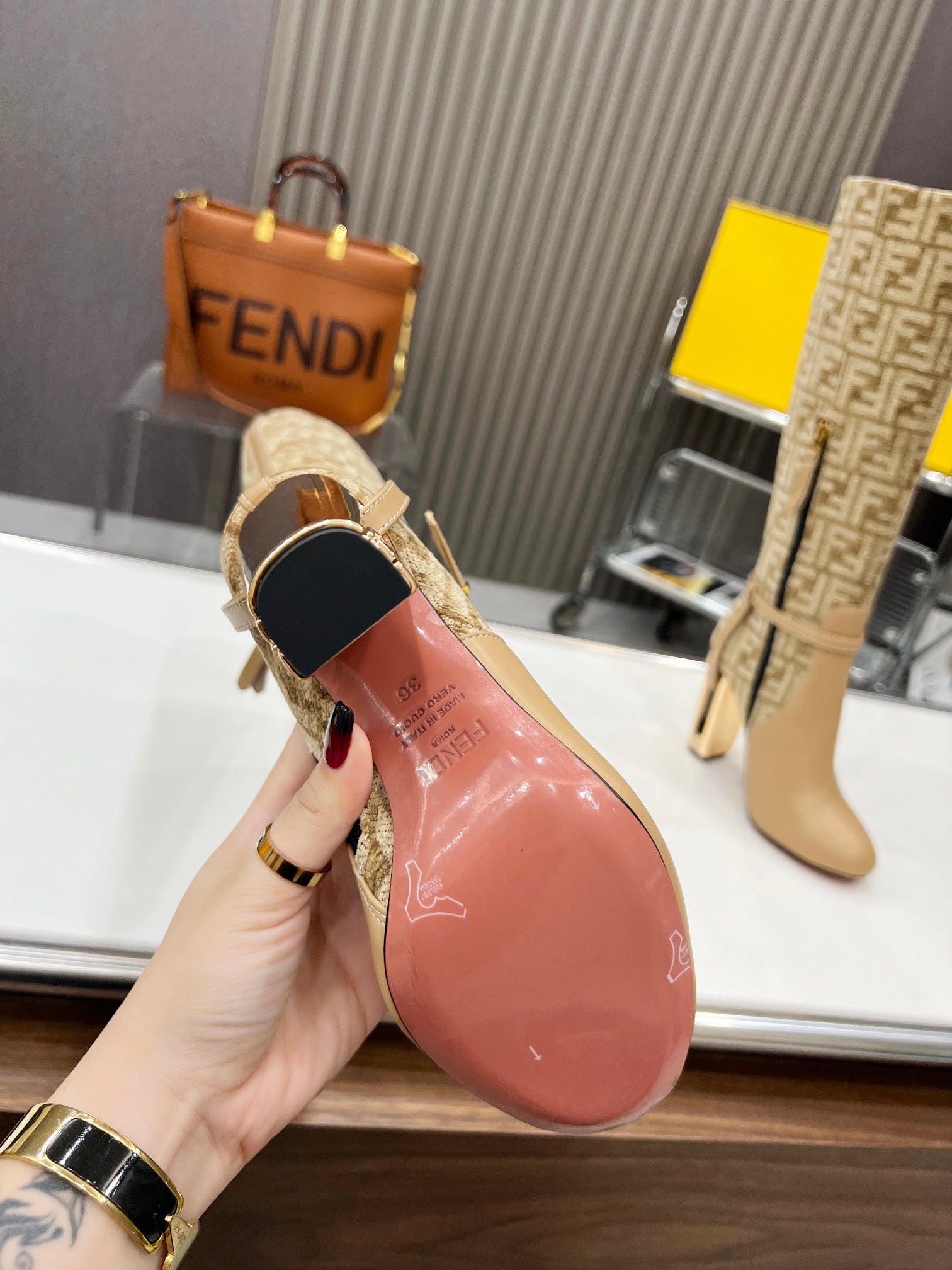 FENDI knee boots high heel monogram beige cowhide 521220