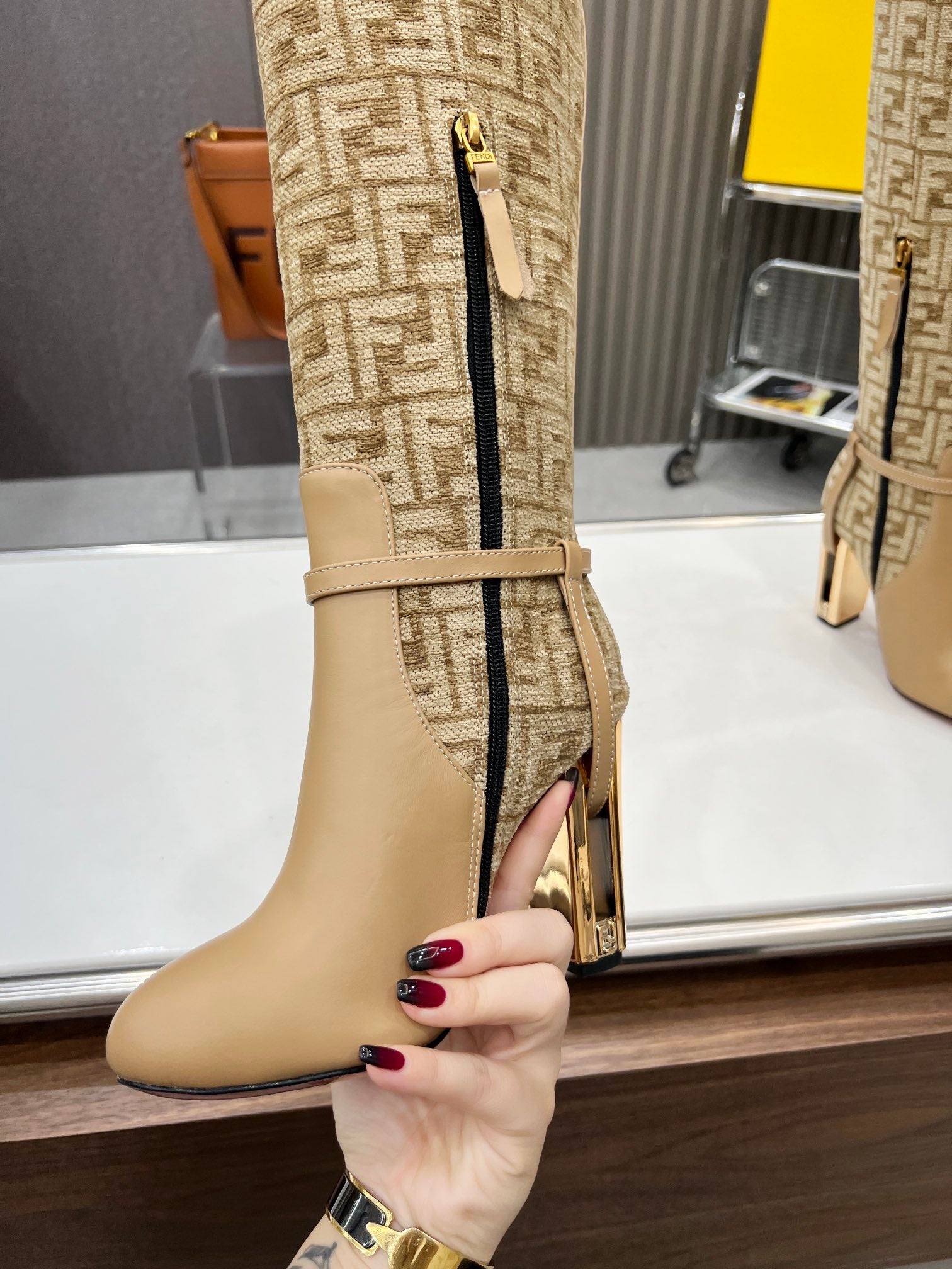 FENDI knee boots high heel monogram beige cowhide 521220