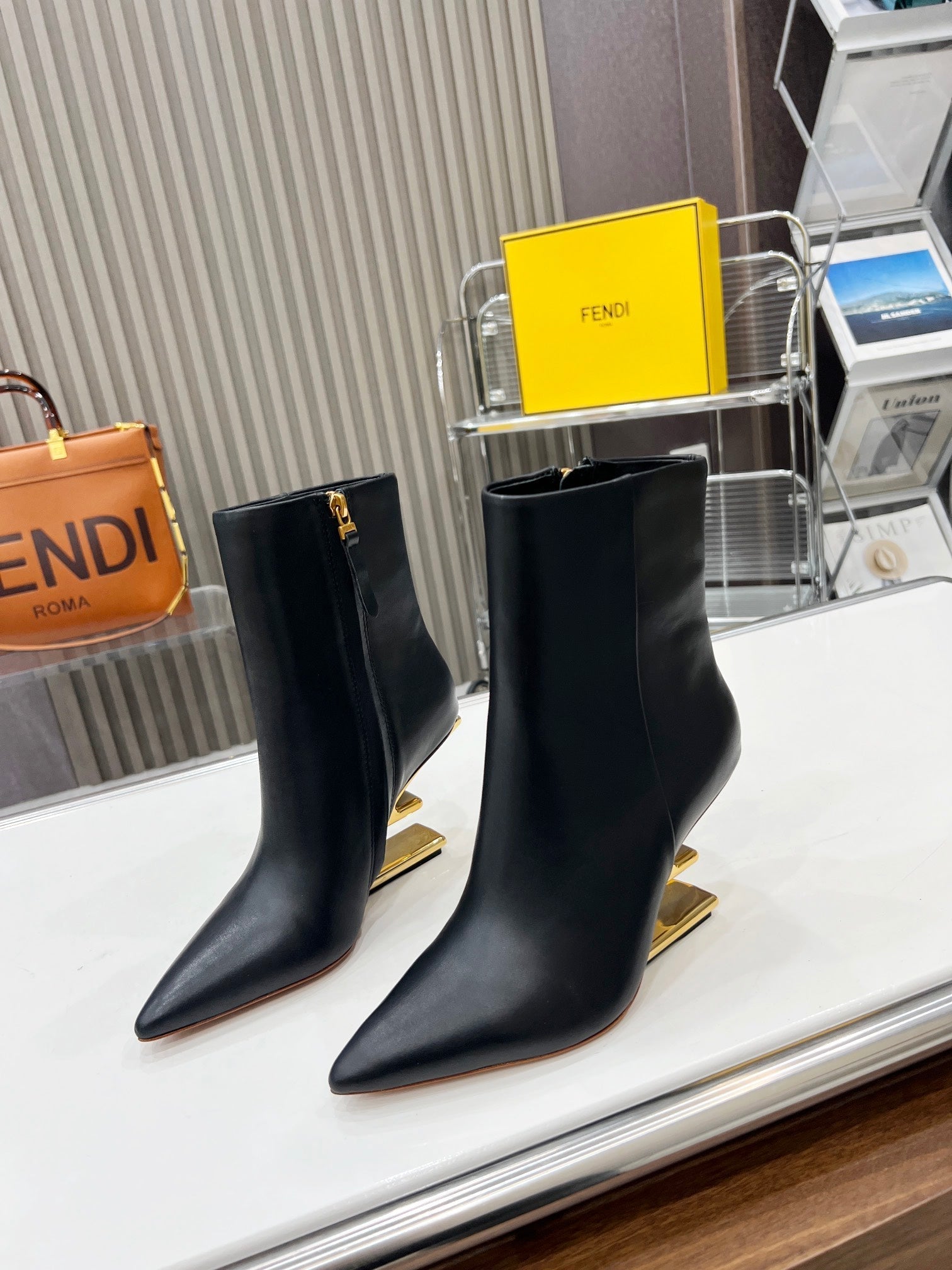 FENDI First Wedge Boots Black Sheepskin 521226