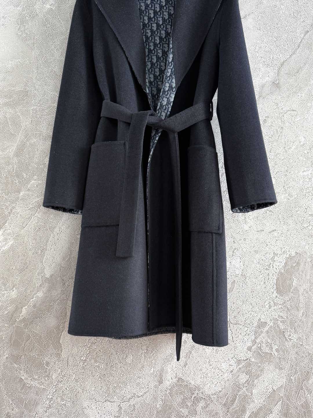 CD Hooded Long Coat Black Wool Silk