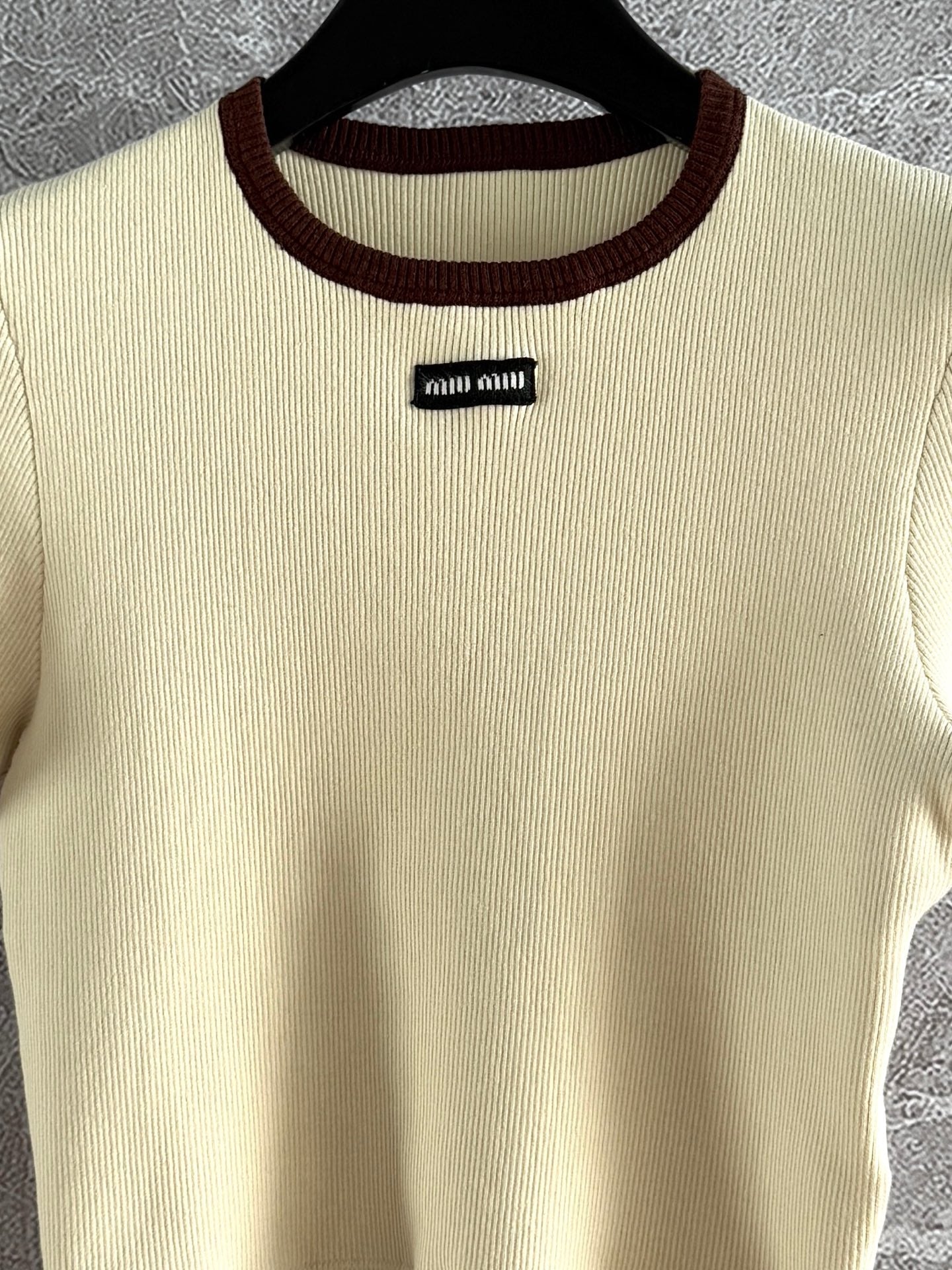 Miu Miu Short-sleeved Knitted Sweater Brown Cream Cotton
