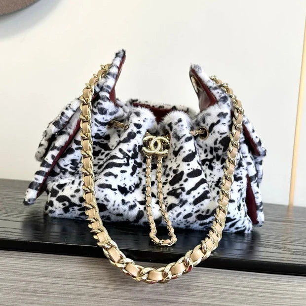Chanel 2026 Leopard Print Hobo Bag 22cm White Black Ponyhair Leather