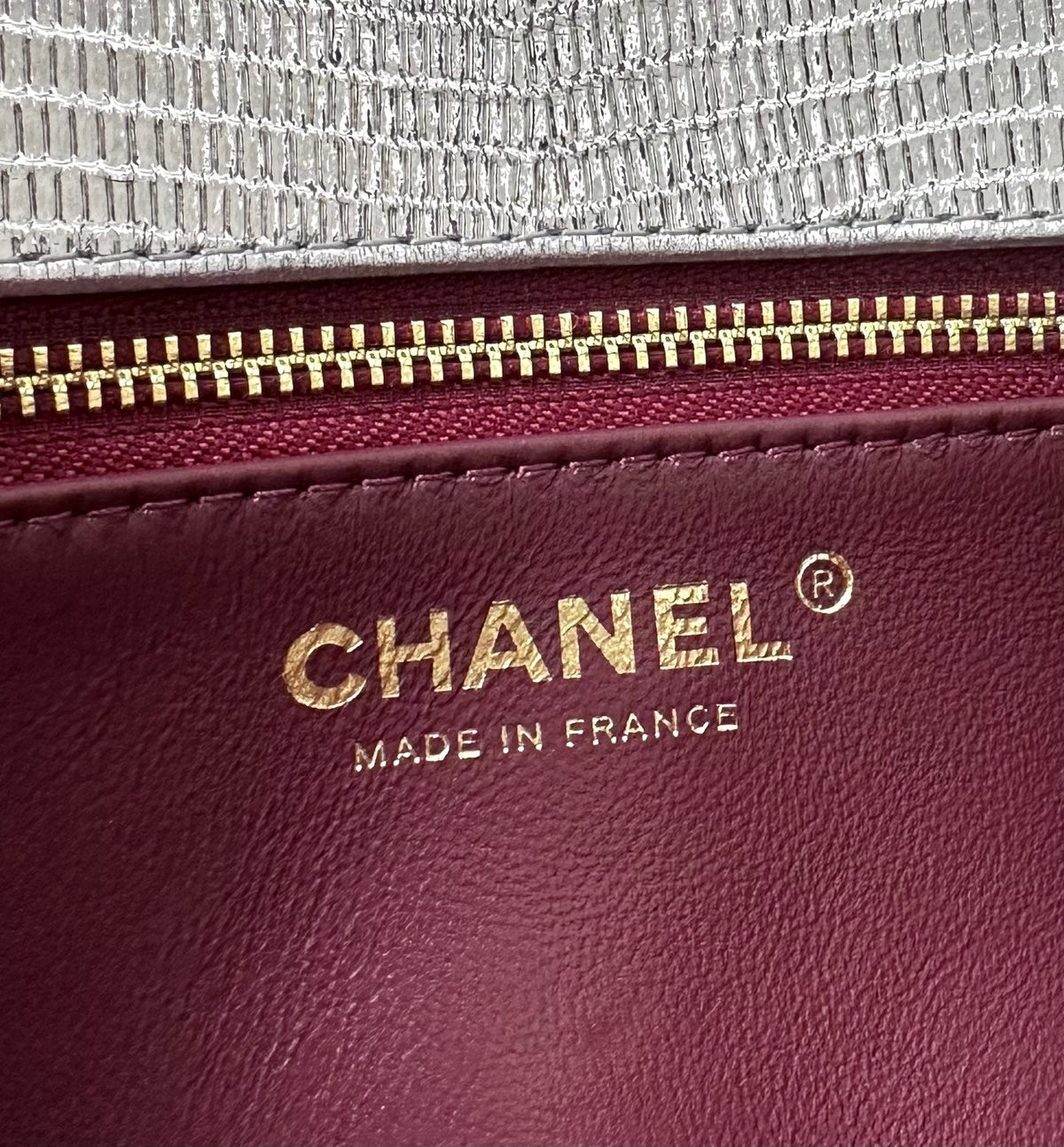 Chanel 2026 Pouch With Chain Strap 21.5cm Silver Metallic Lizard