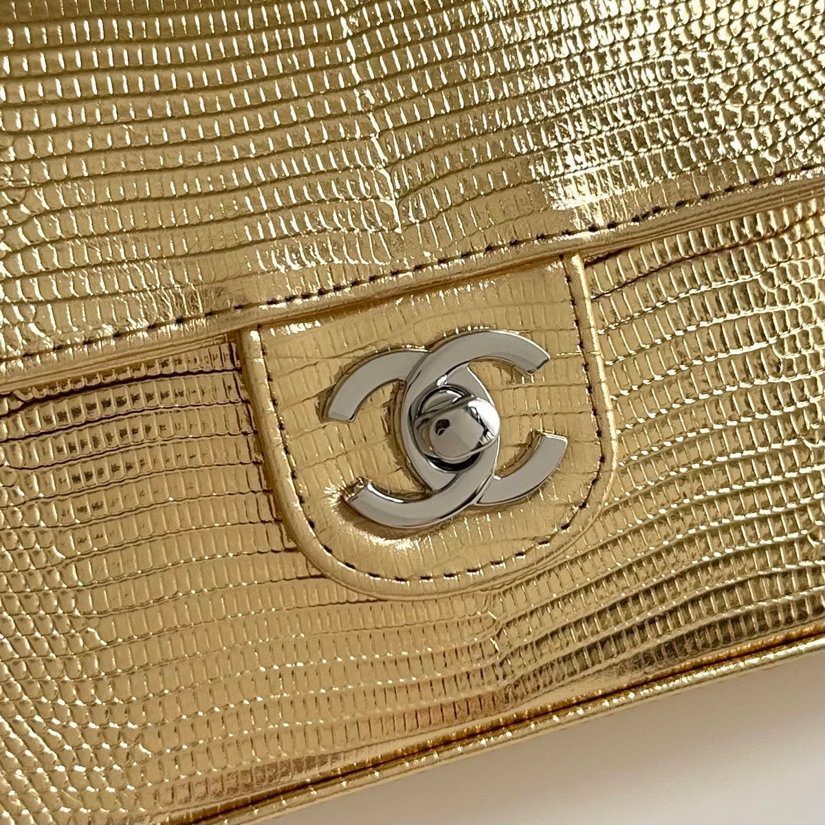 Chanel 2026 Pouch With Chain Strap 21.5cm Gold Metallic Lizard
