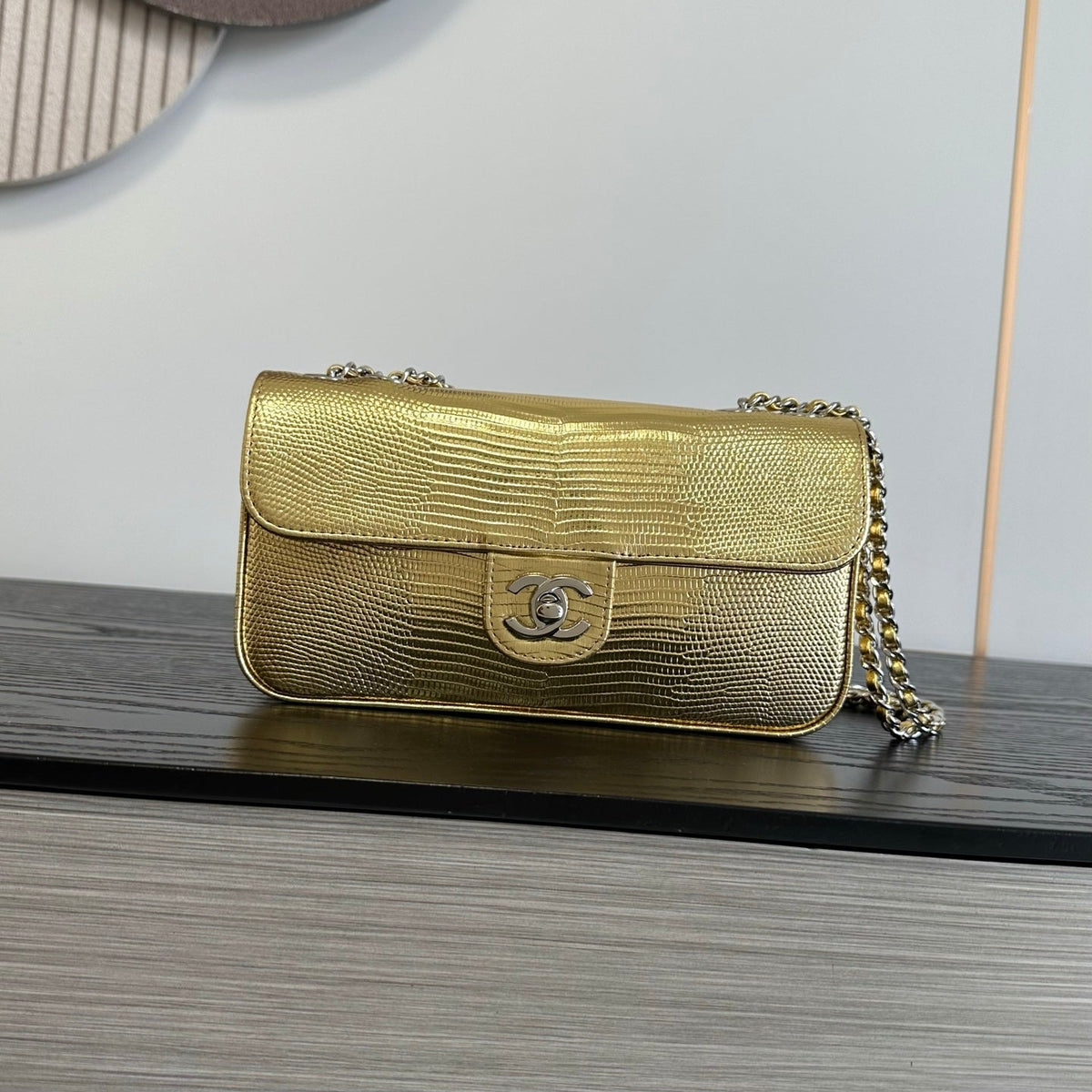 Chanel 2026 Pouch With Chain Strap 21.5cm Gold Metallic Lizard