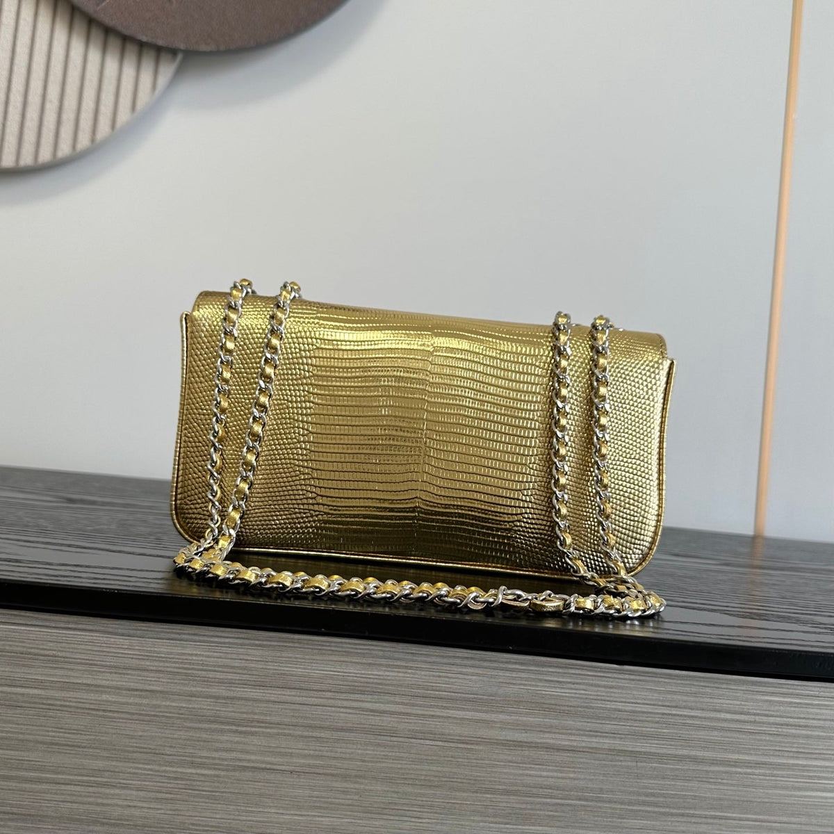 Chanel 2026 Pouch With Chain Strap 21.5cm Gold Metallic Lizard