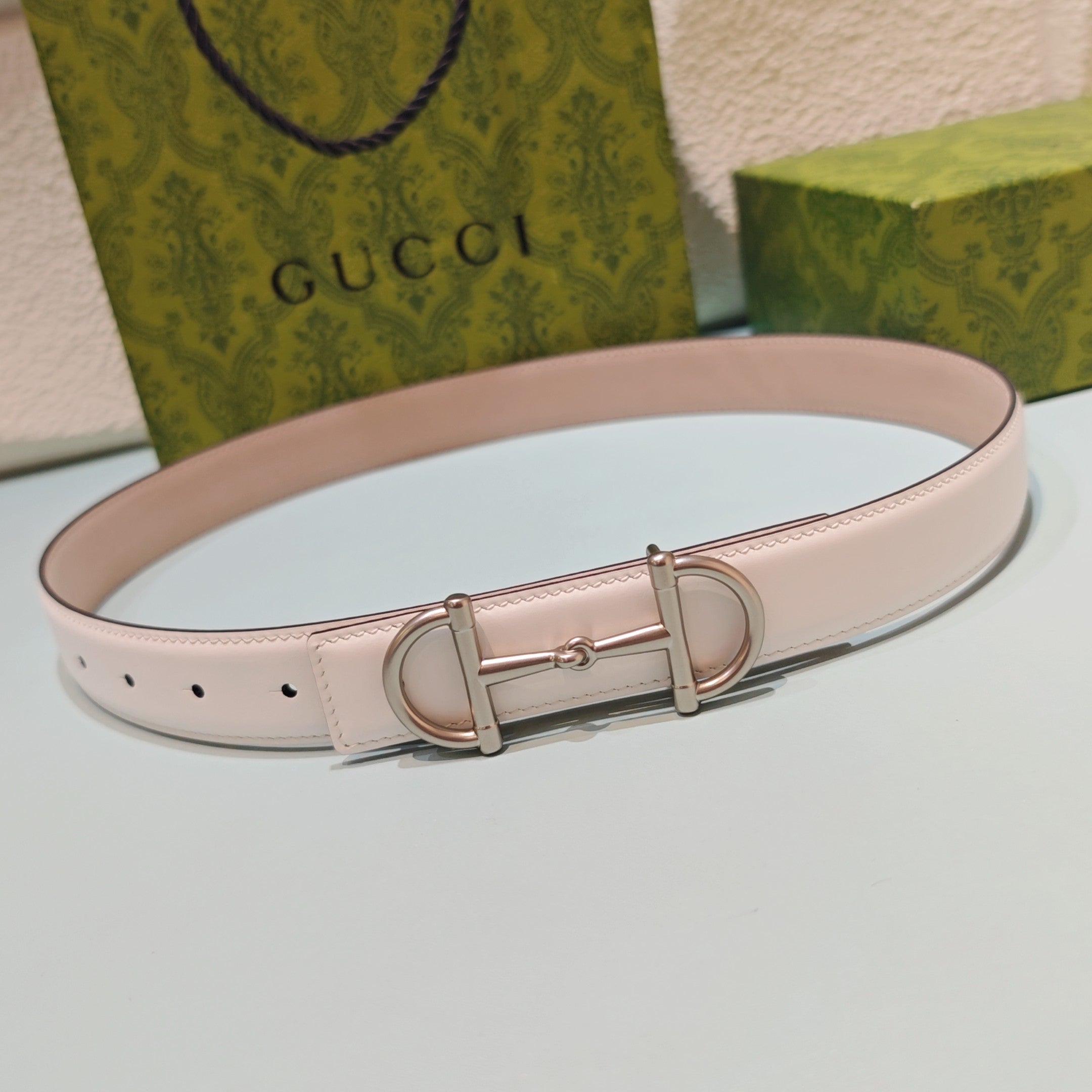 GG 3.0 Horsebit-Detailed Belt White Sliver Smooth Leather 200187