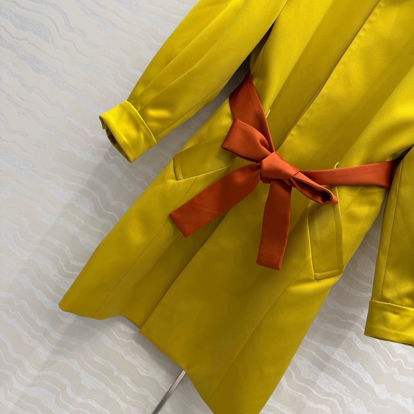 YSL Belted Coat Stonewash Yellow Silk Satin 341262