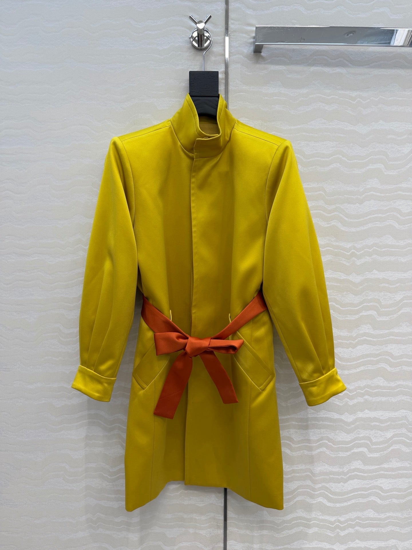 YSL Belted Coat Stonewash Yellow Silk Satin 341262