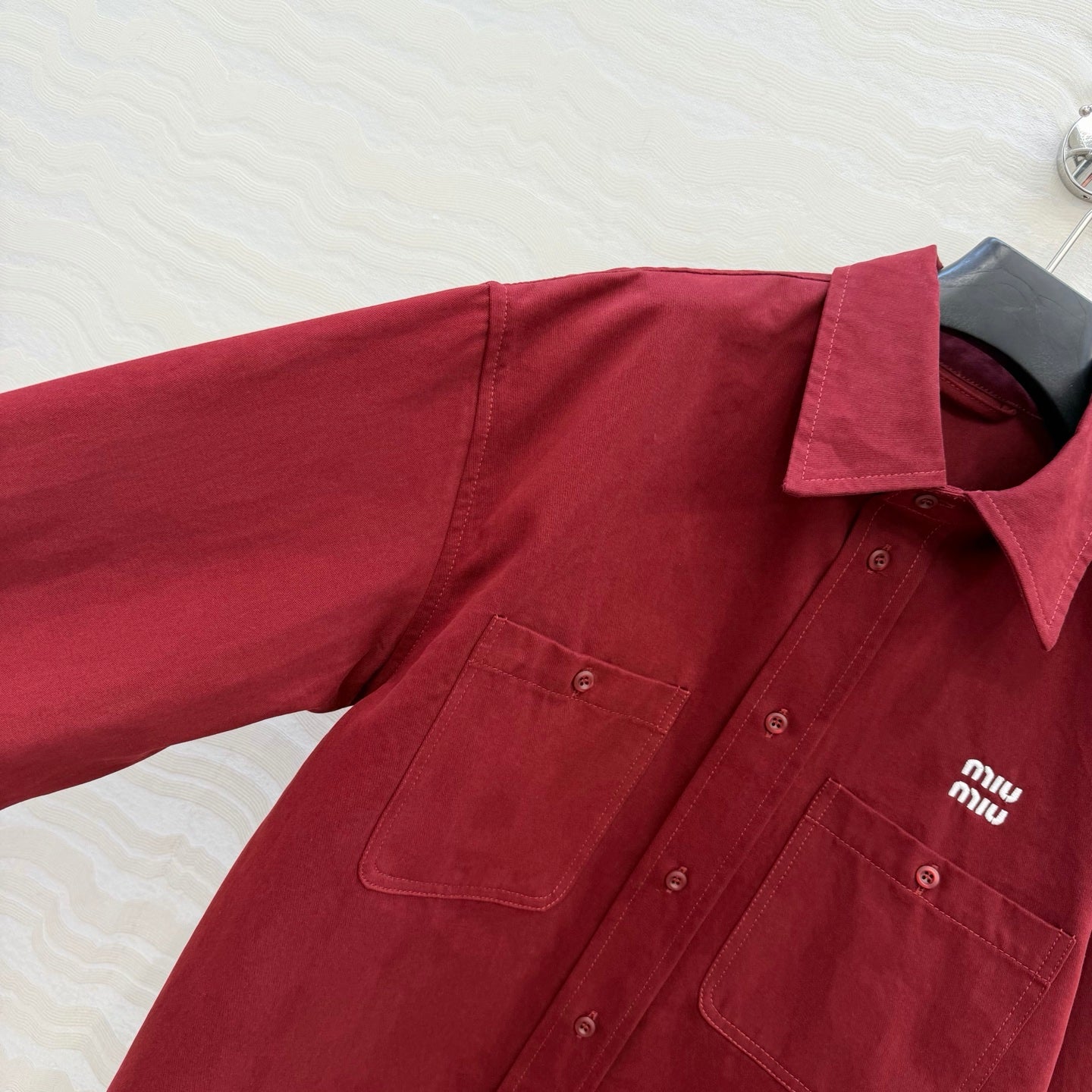 Miu SS26 Light Denim Shirt Amaranth Red Cotton 346164