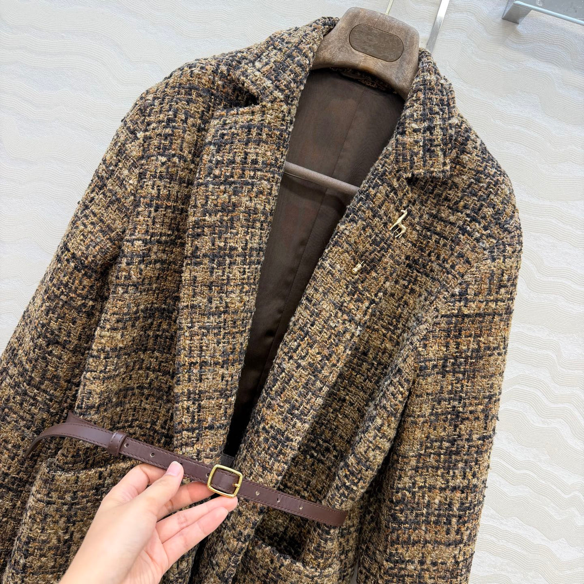 LP 26s Belted Tweed Blazer Coat Brown Wool Blend 429462