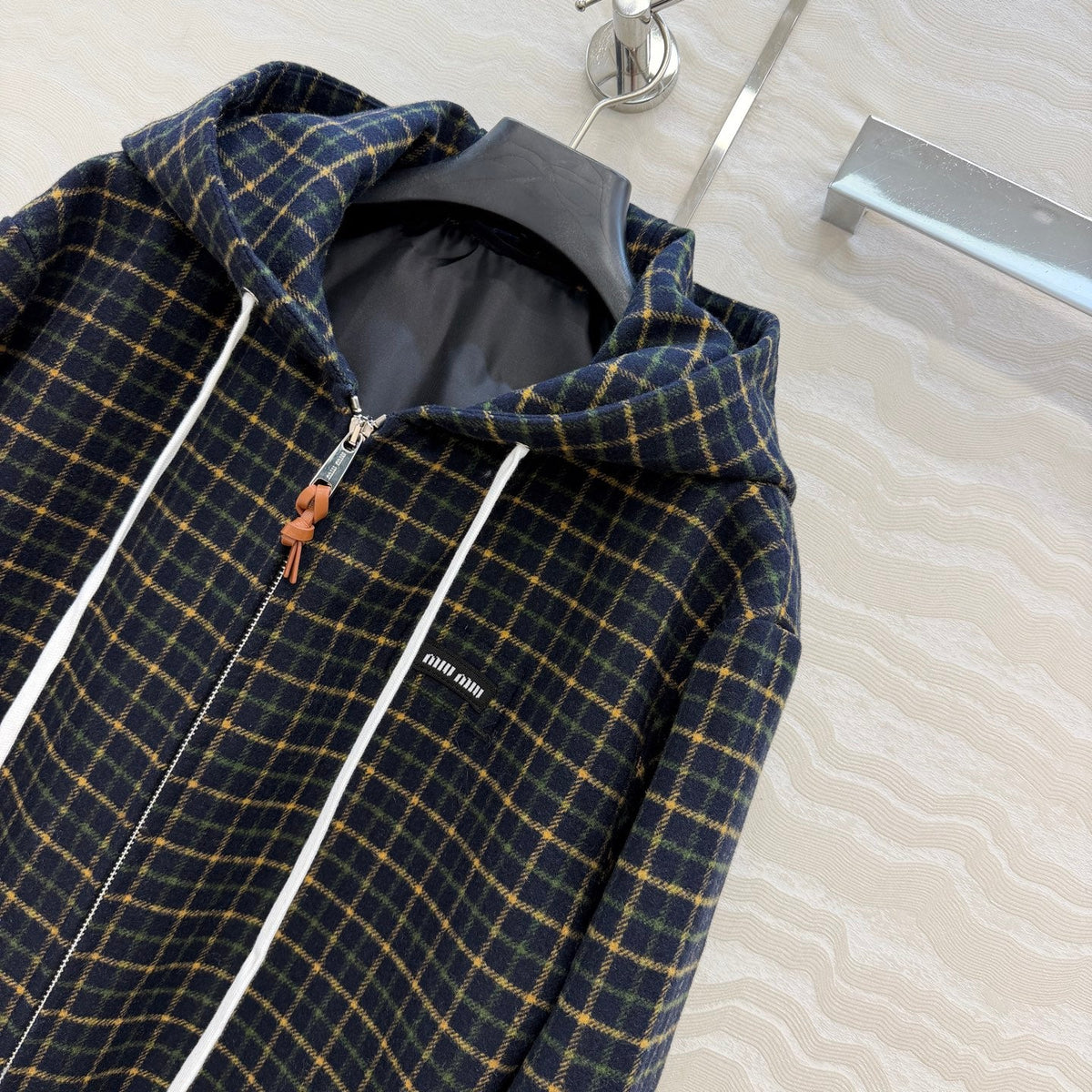 Miu 26s Hoodie Jacket Navy Check Wool Polyester 438926
