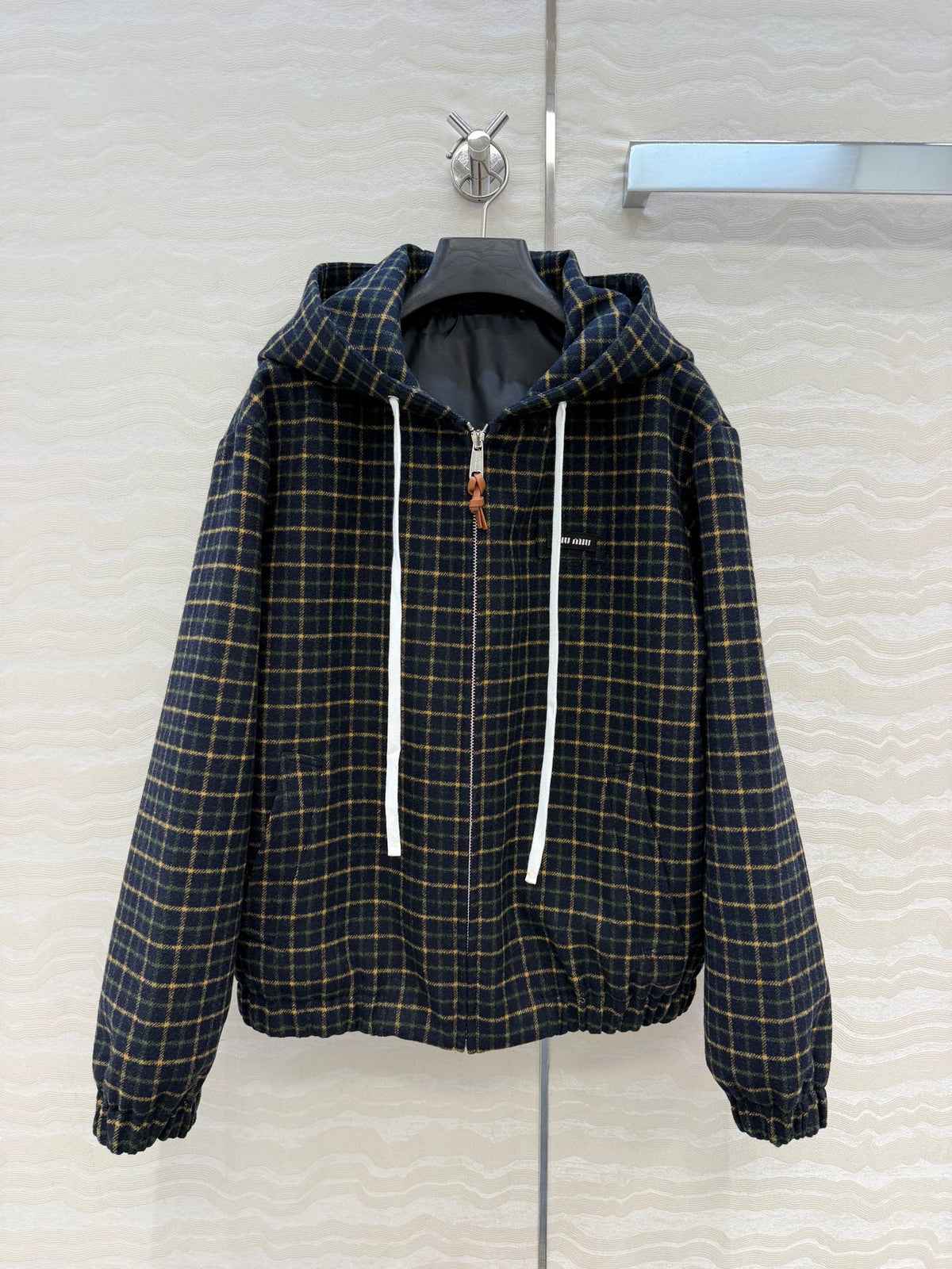Miu 26s Hoodie Jacket Navy Check Wool Polyester 438926