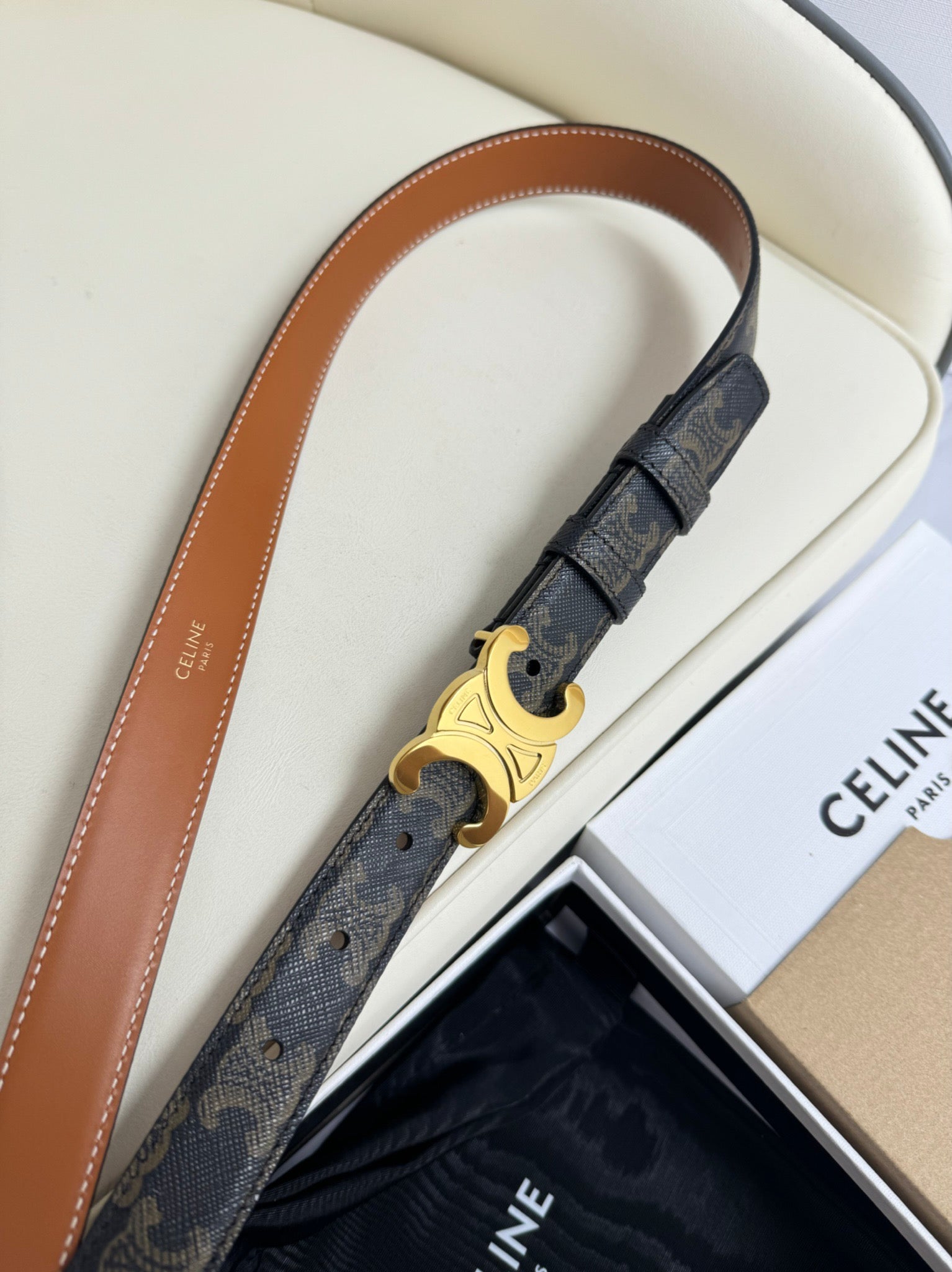 CEL Gold 25mm Triomphe Belt Blue Canvas 180417
