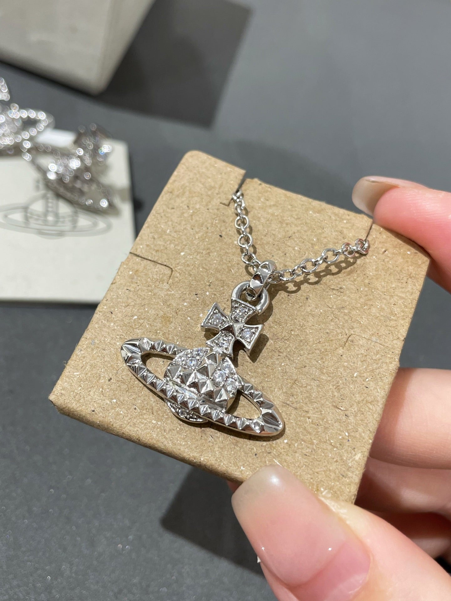 Vivienne Silver Studded Saturn Necklace Sliver