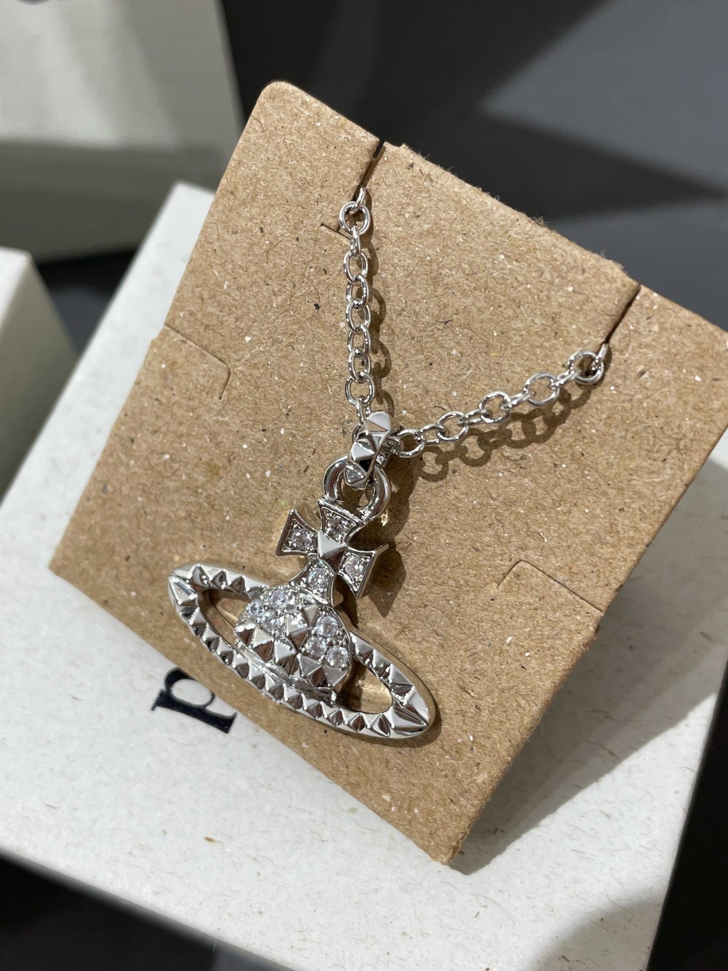 Vivienne Silver Studded Saturn Necklace Sliver