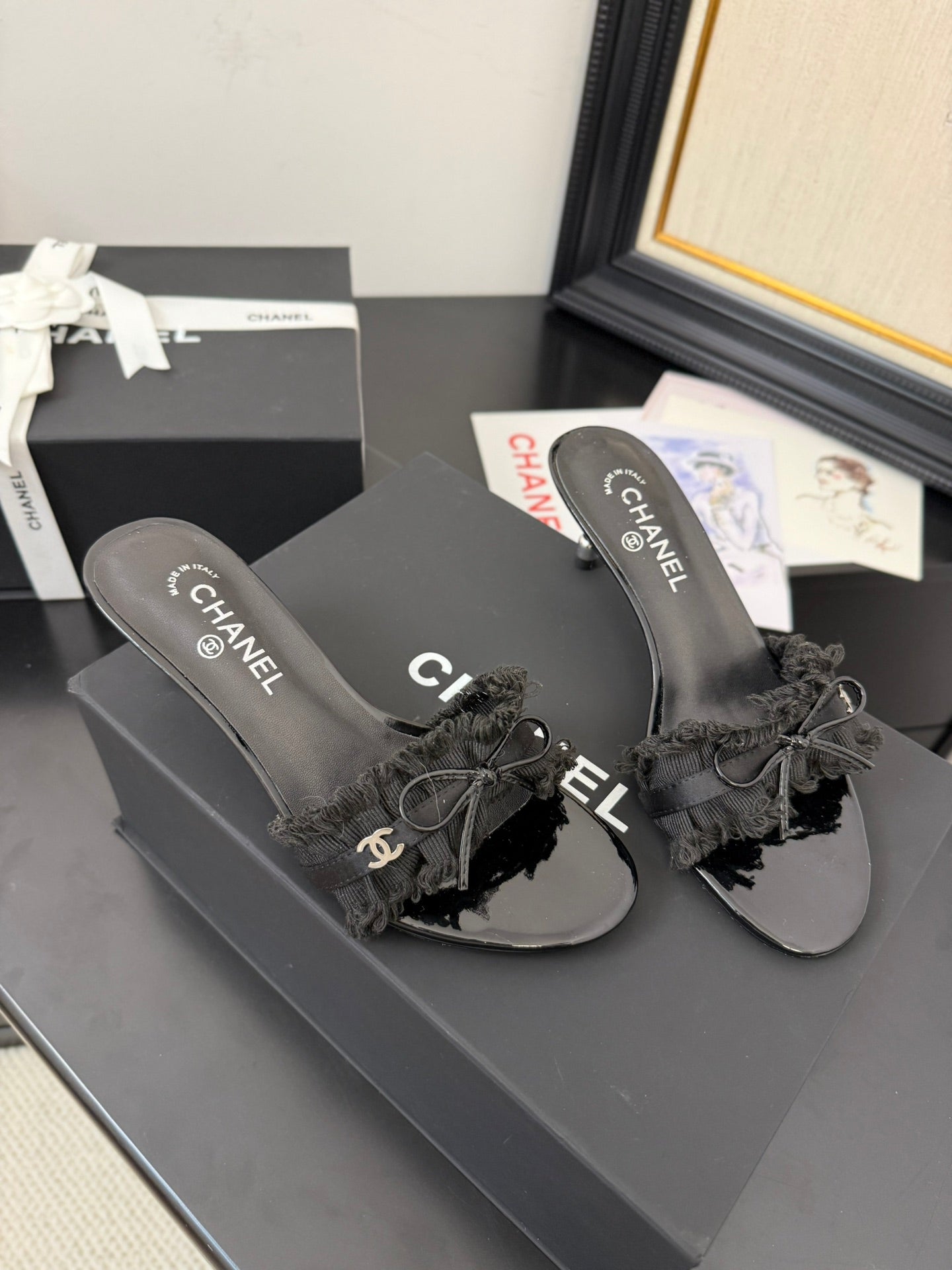cc25 slide sandal 65mm ruffle bow heels black grosgrain canvas 233584