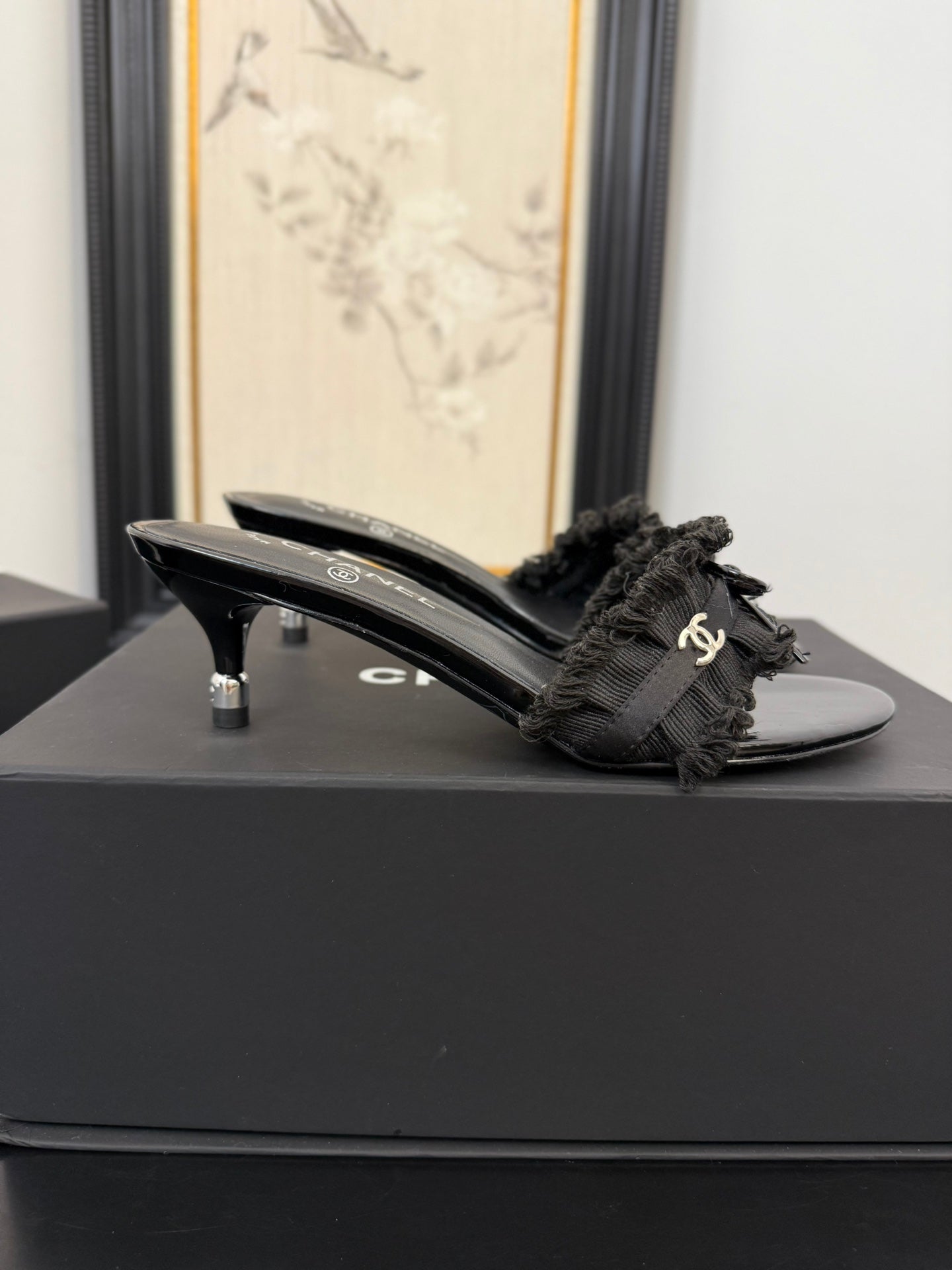 cc25 slide sandal 65mm ruffle bow heels black grosgrain canvas 233584