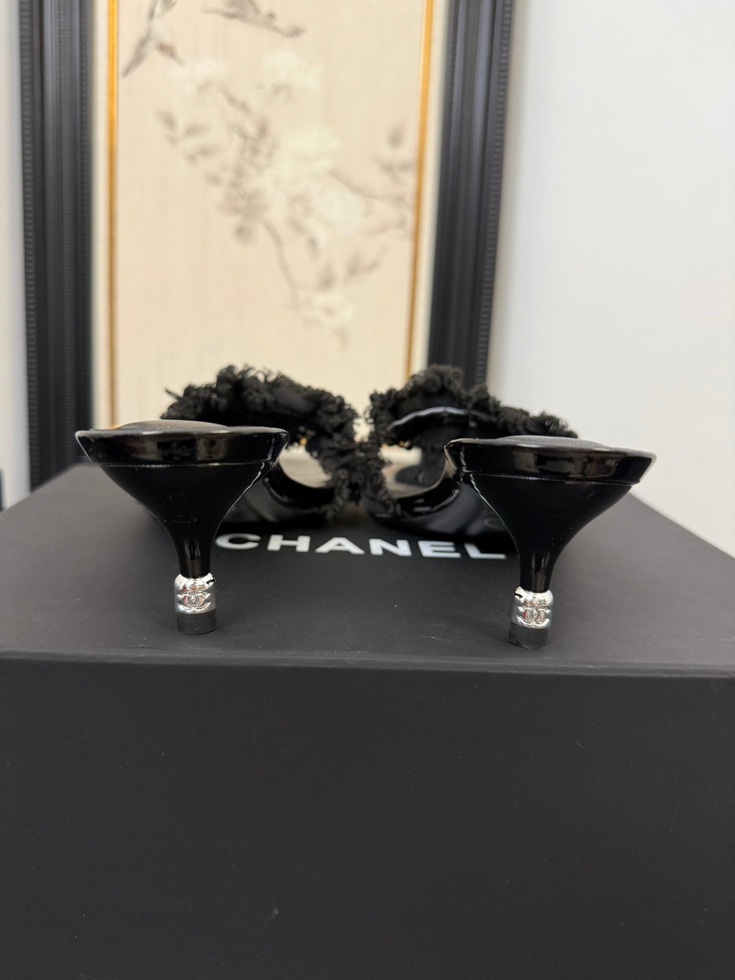 cc25 slide sandal 65mm ruffle bow heels black grosgrain canvas 233584