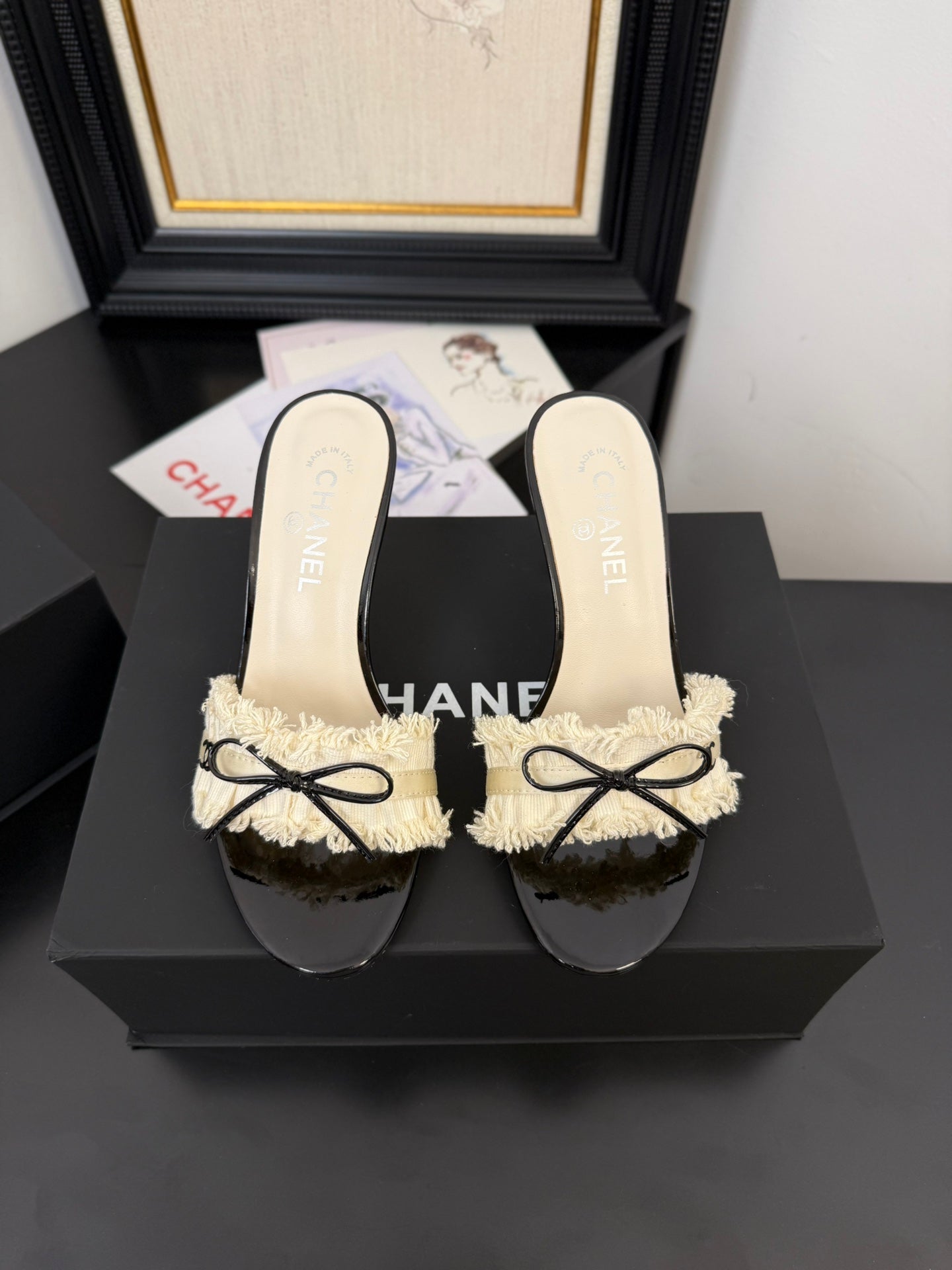 cc25 slide sandal 90mm ruffle bow heels black grosgrain white canvas 233585