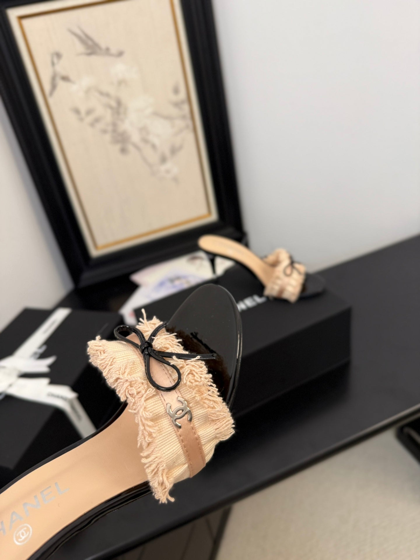 cc25 slide sandal 90mm ruffle bow heels black grosgrain beige canvas 233587