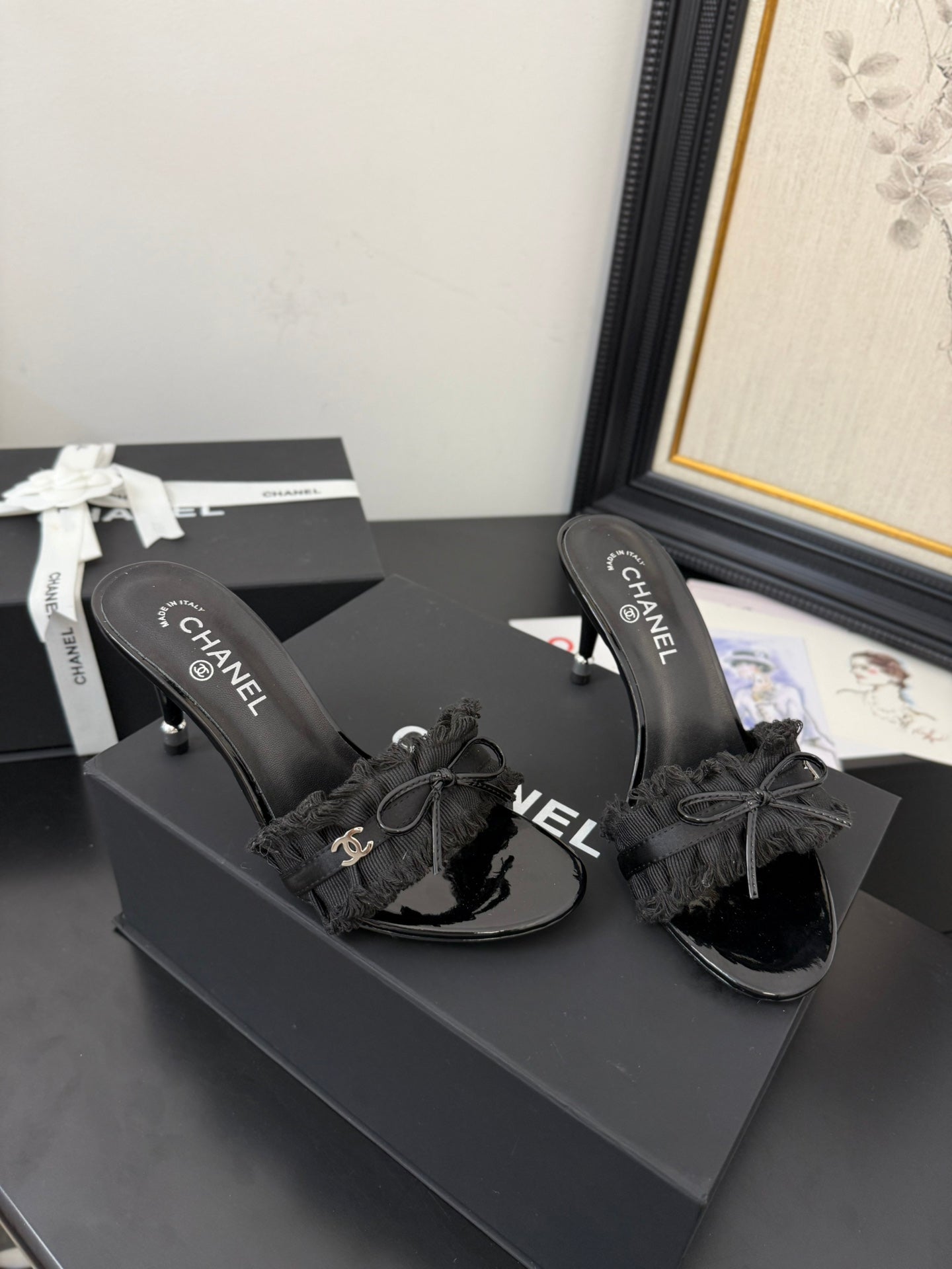 cc25 slide sandal 90mm ruffle bow heels black grosgrain canvas 233588