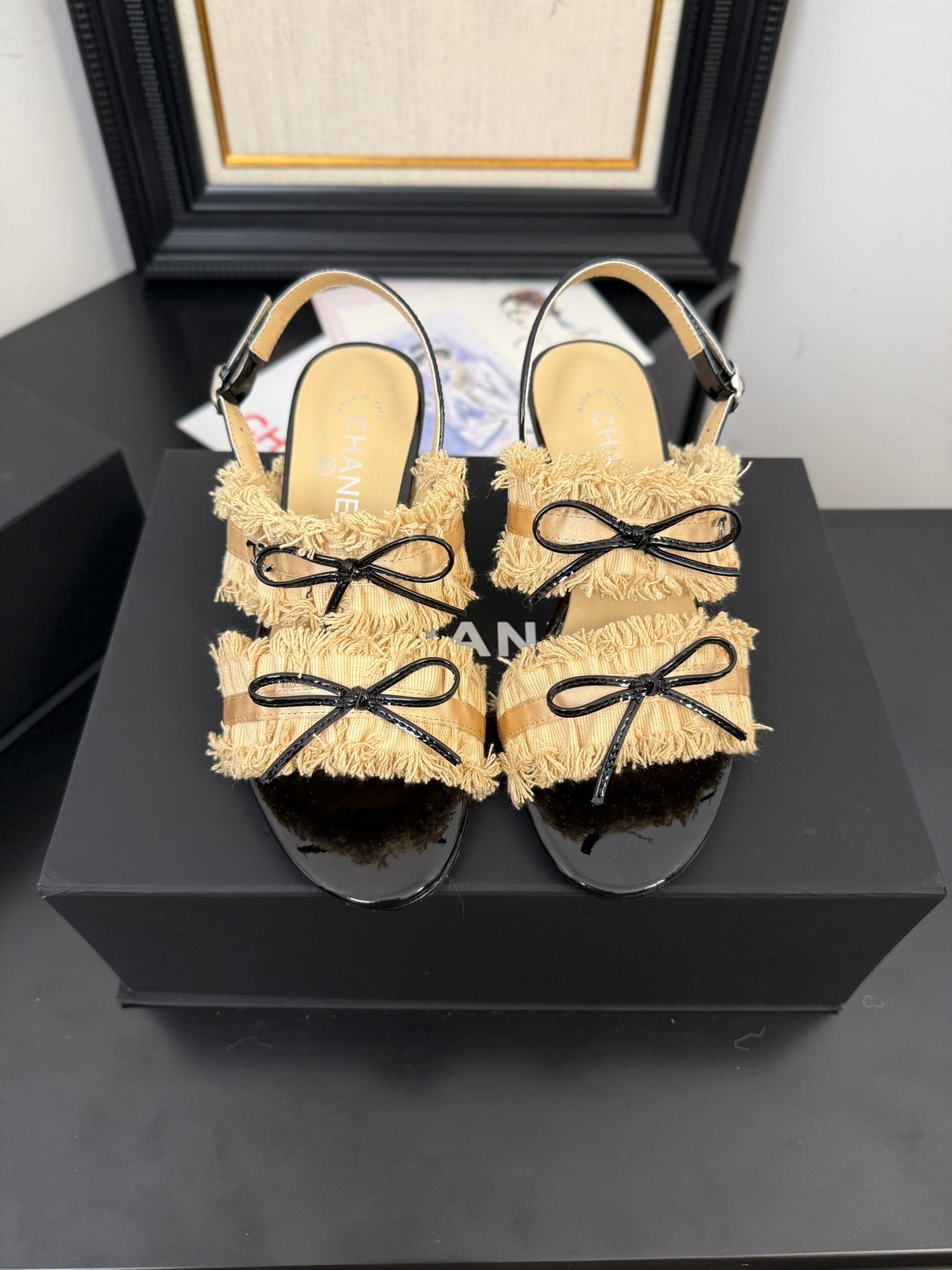 cc25 slingback sandal ̣65mm bow black grosgrain gold canvas 233590