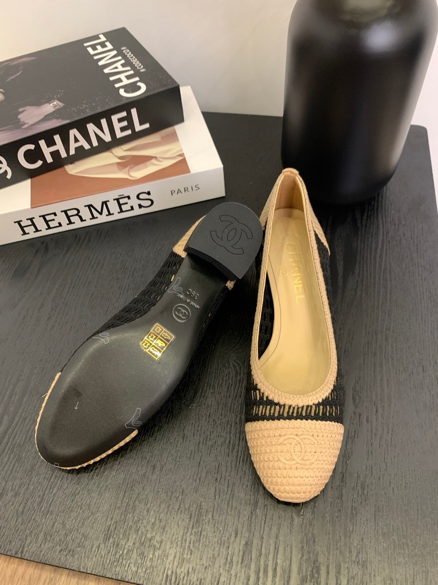 CC 25p Ballet Heel 50mm Black Beige Raffia