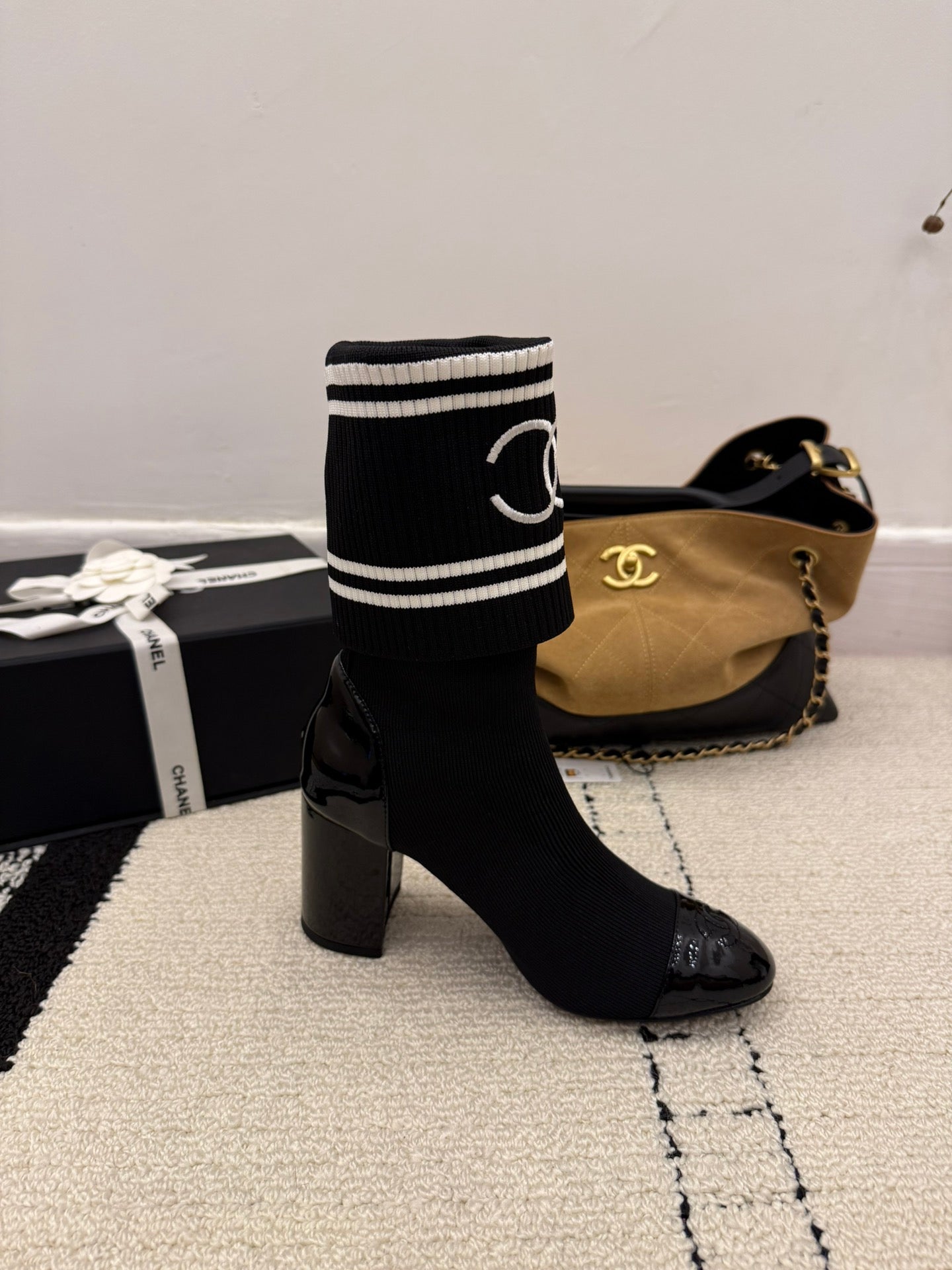 CC 2025 Chunky Heel Sock Boot Black Leather Knit 548117
