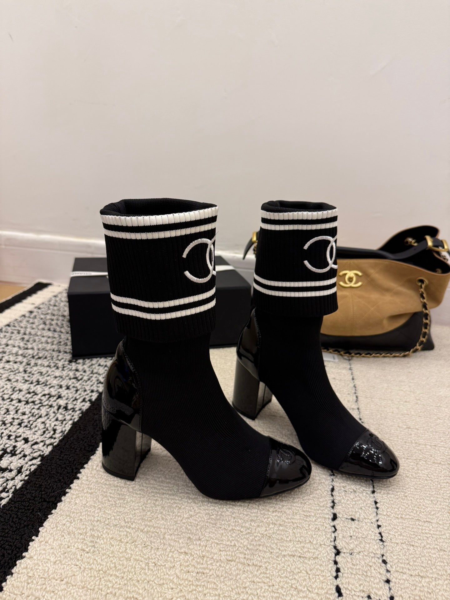 CC 2025 Chunky Heel Sock Boot Black Leather Knit 548117