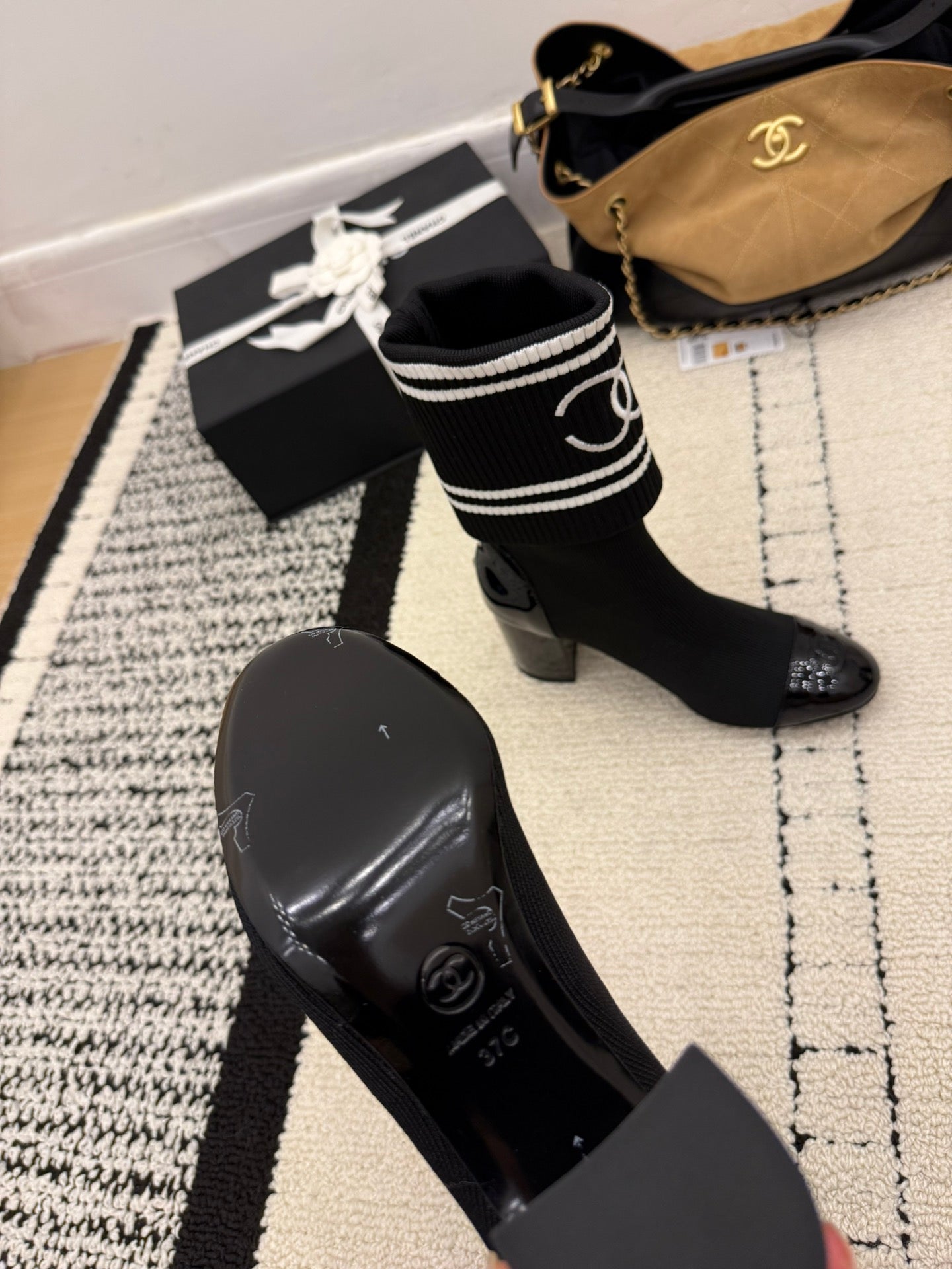 CC 2025 Chunky Heel Sock Boot Black Leather Knit 548117