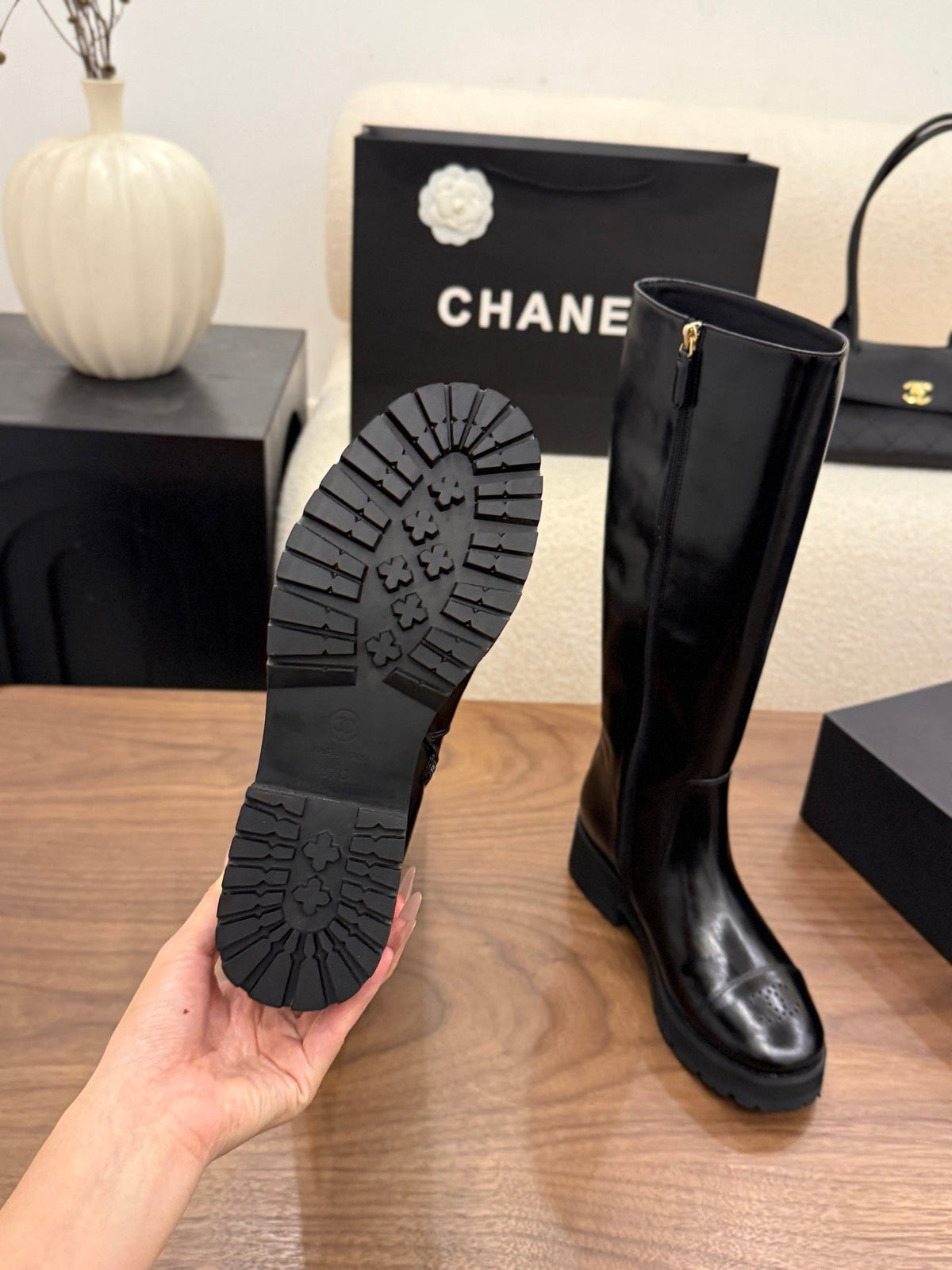 CC 26B Knee-High Boots 4.5cm Black Glossy Leather 122443