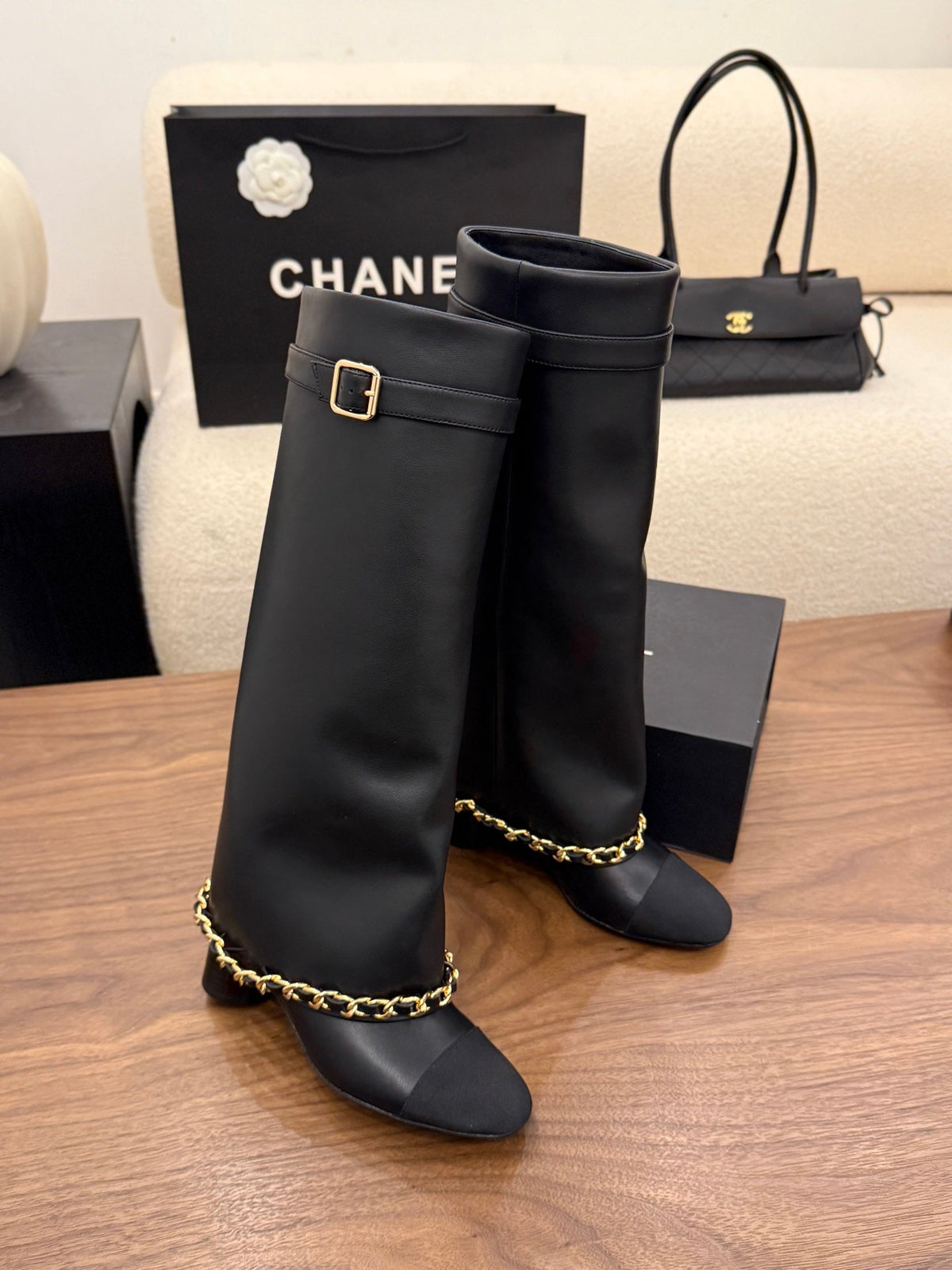CC 26B Fold-Over Knee Boots 6.5cm Black Canvas Leather 122437