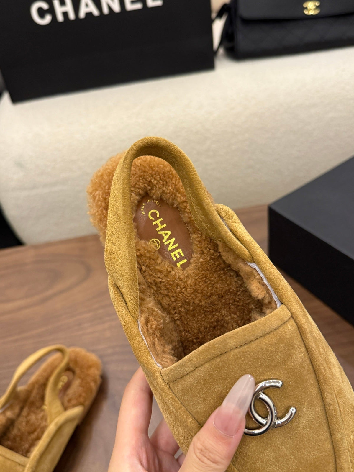 CC 26s Slingback Loafers Camel Suede Shearling 122672