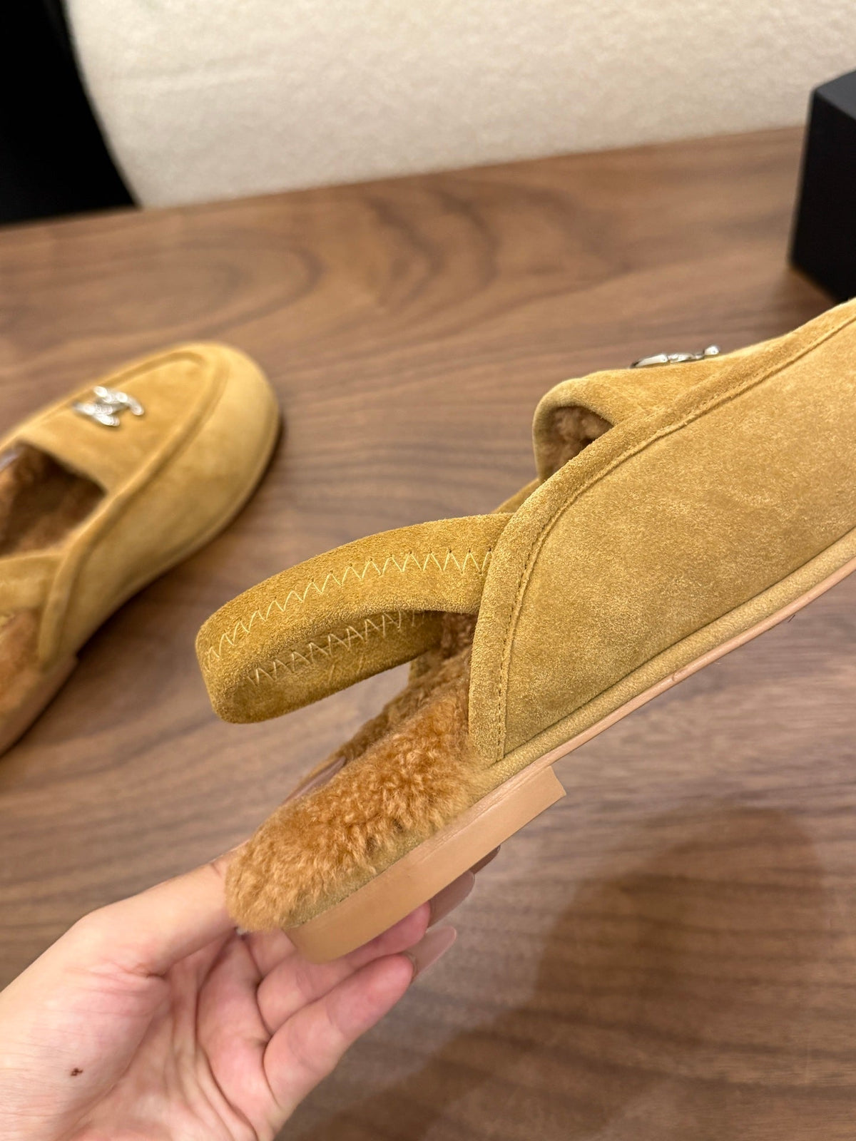 CC 26s Slingback Loafers Camel Suede Shearling 122672