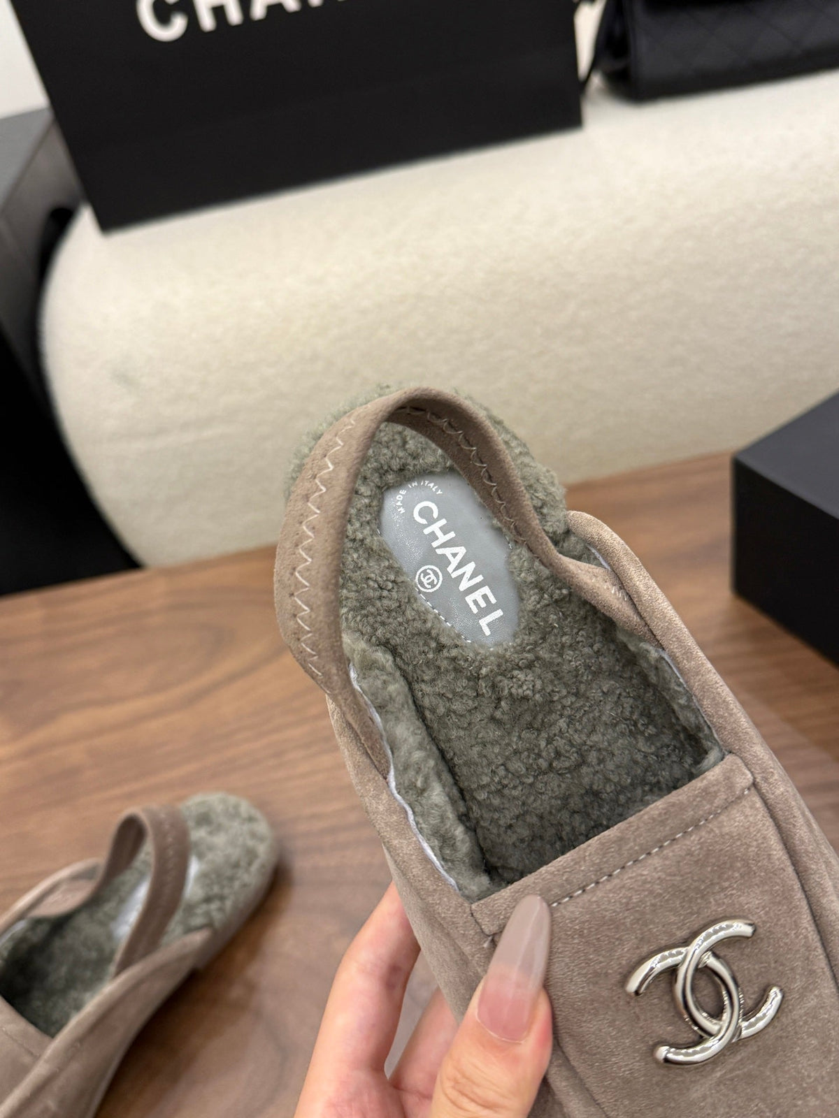 CC 26s Slingback Loafers Taupe Suede Shearling 122674