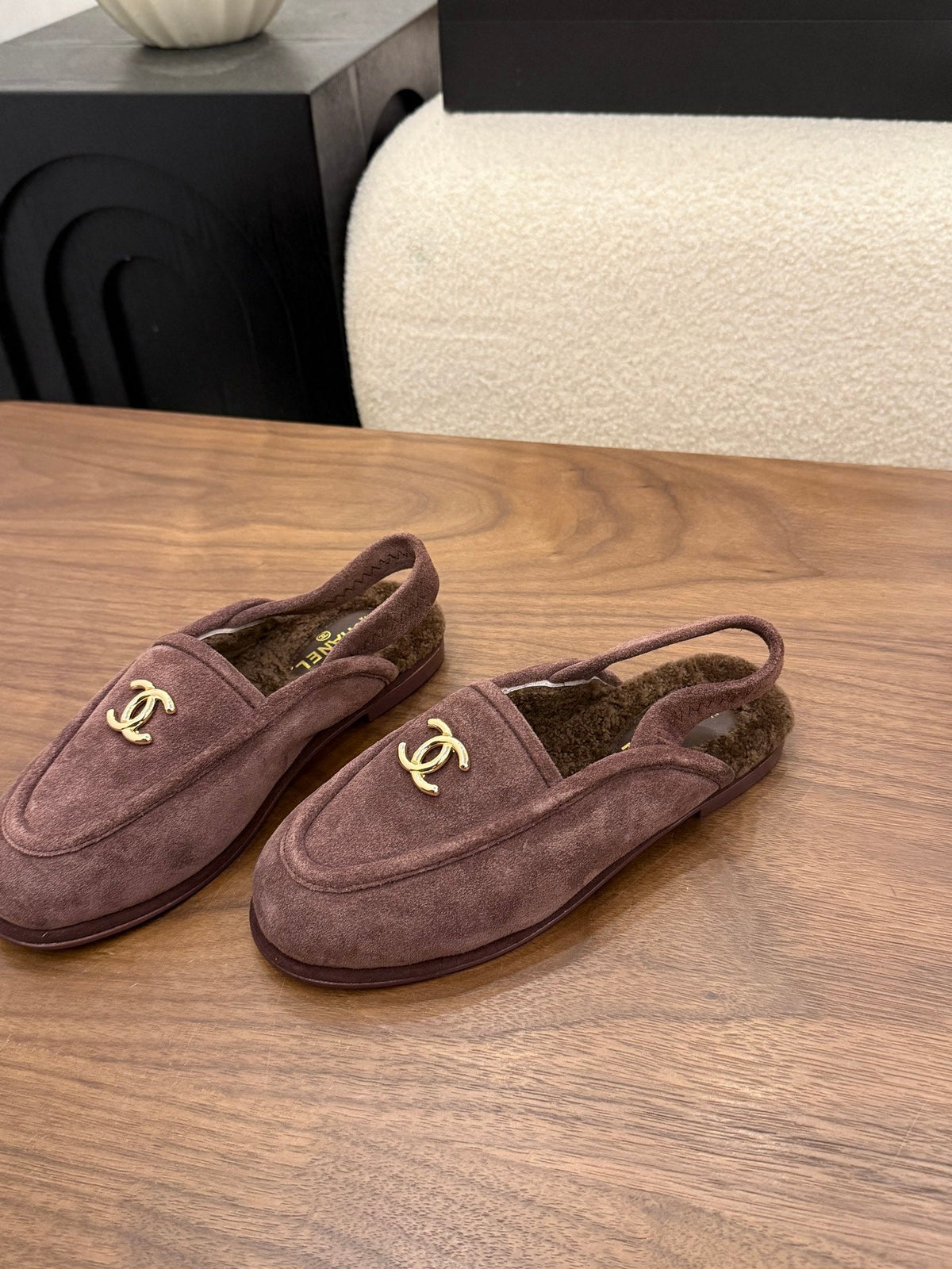 CC 26s Slingback Loafers Taupe Suede Shearling 122674