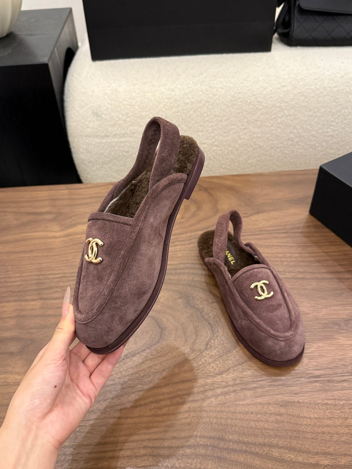 CC 26s Slingback Loafers Taupe Suede Shearling 122674