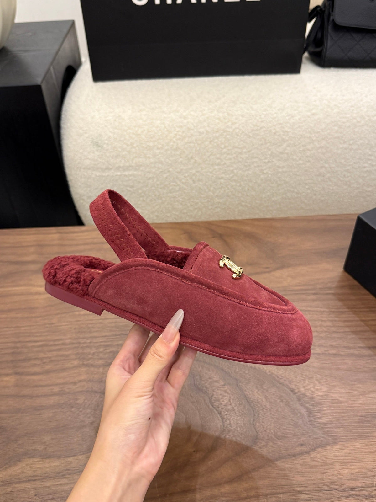 CC 26s Slingback Loafers Burgundy Suede Shearling 122675