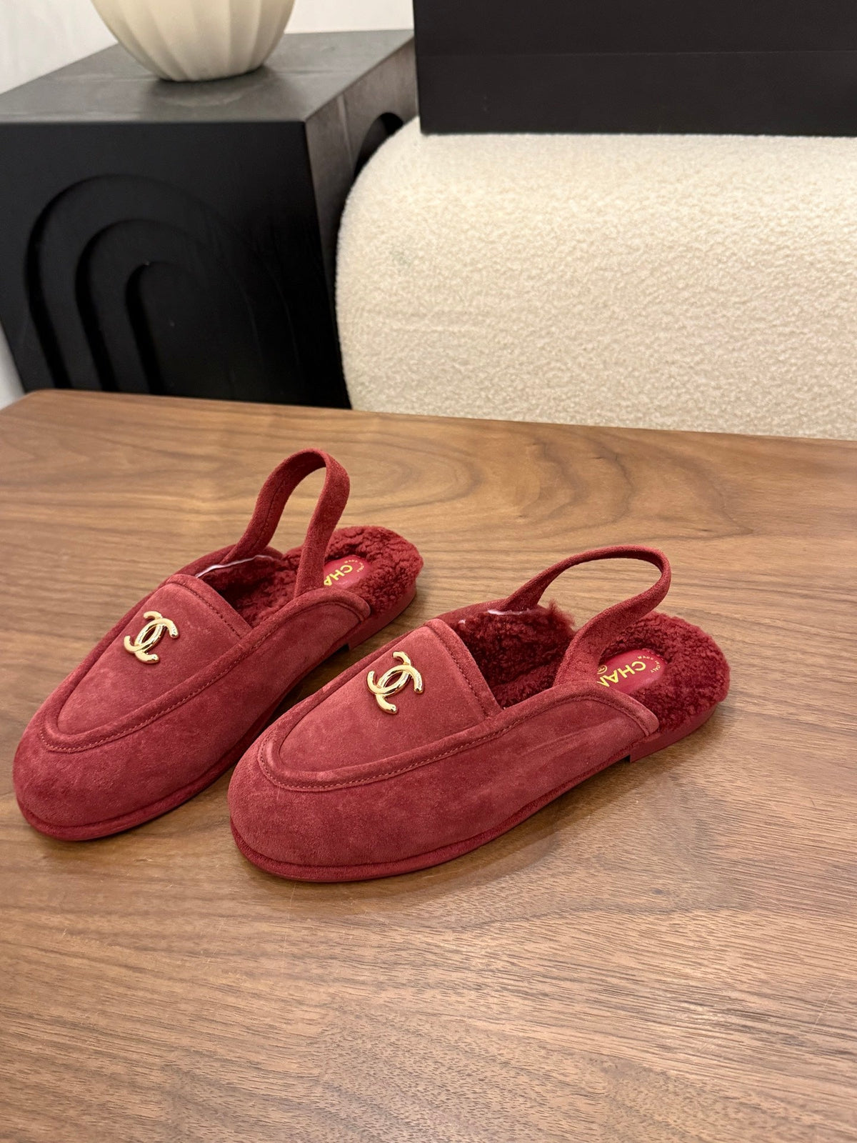 CC 26s Slingback Loafers Burgundy Suede Shearling 122675