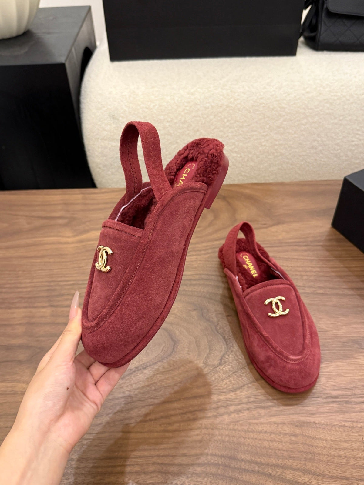 CC 26s Slingback Loafers Burgundy Suede Shearling 122675