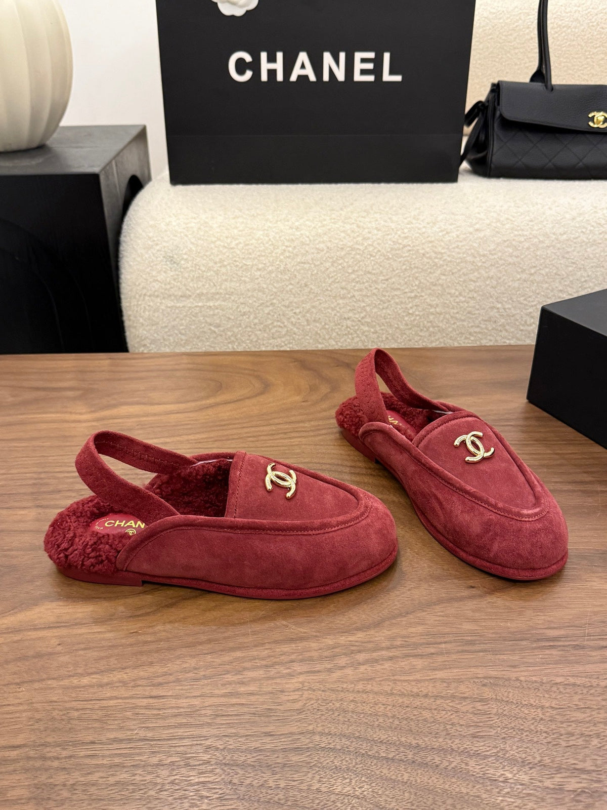 CC 26s Slingback Loafers Burgundy Suede Shearling 122675