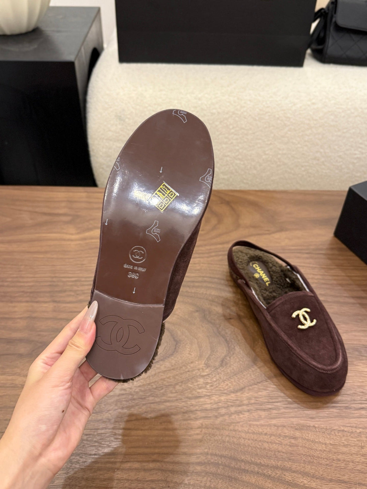 CC 26s Slingback Loafers Brown Suede Shearling 122676