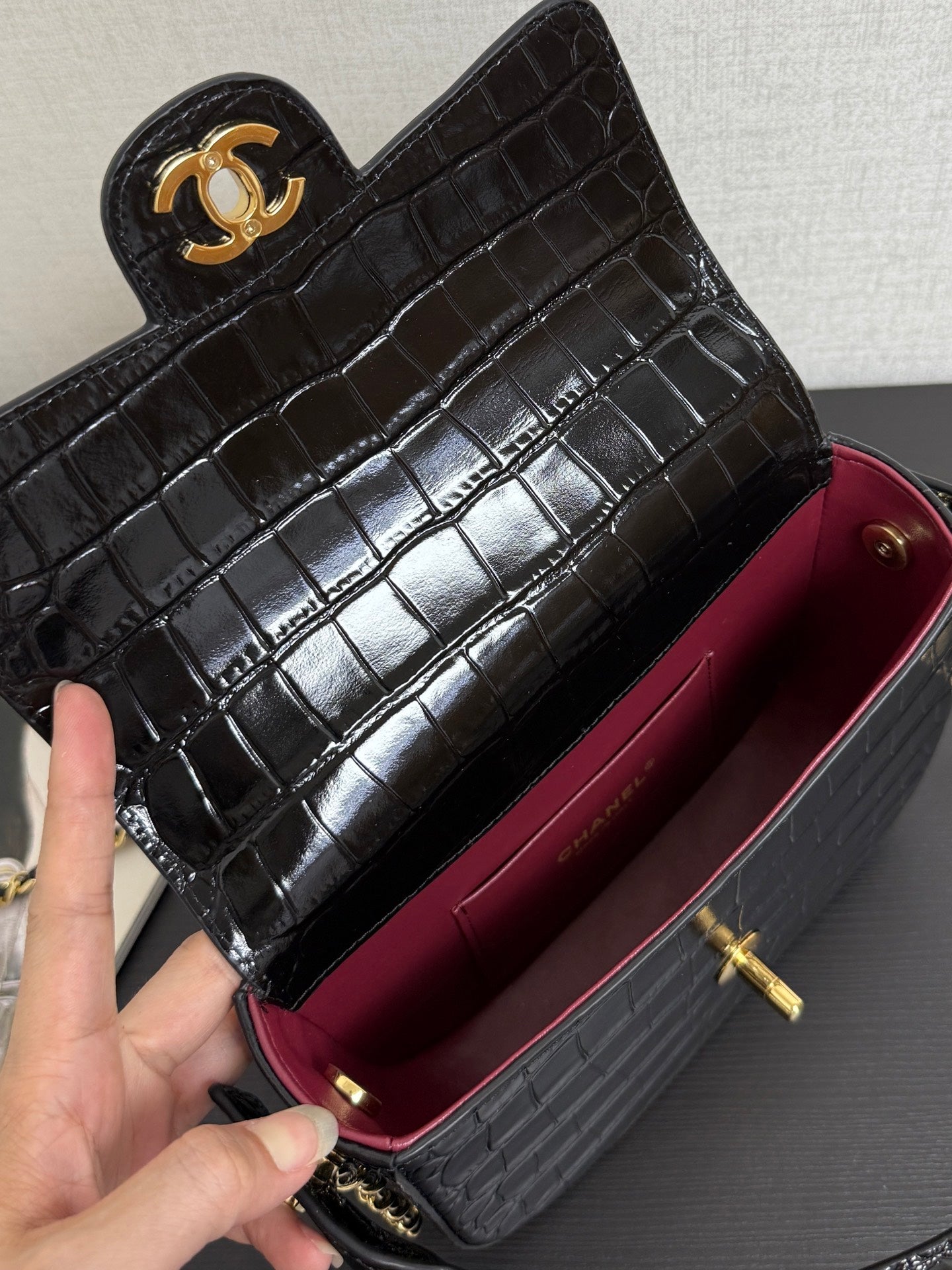 CC Mini Flap Bag with Top Handle Black Crocodile Embossed Calfskin