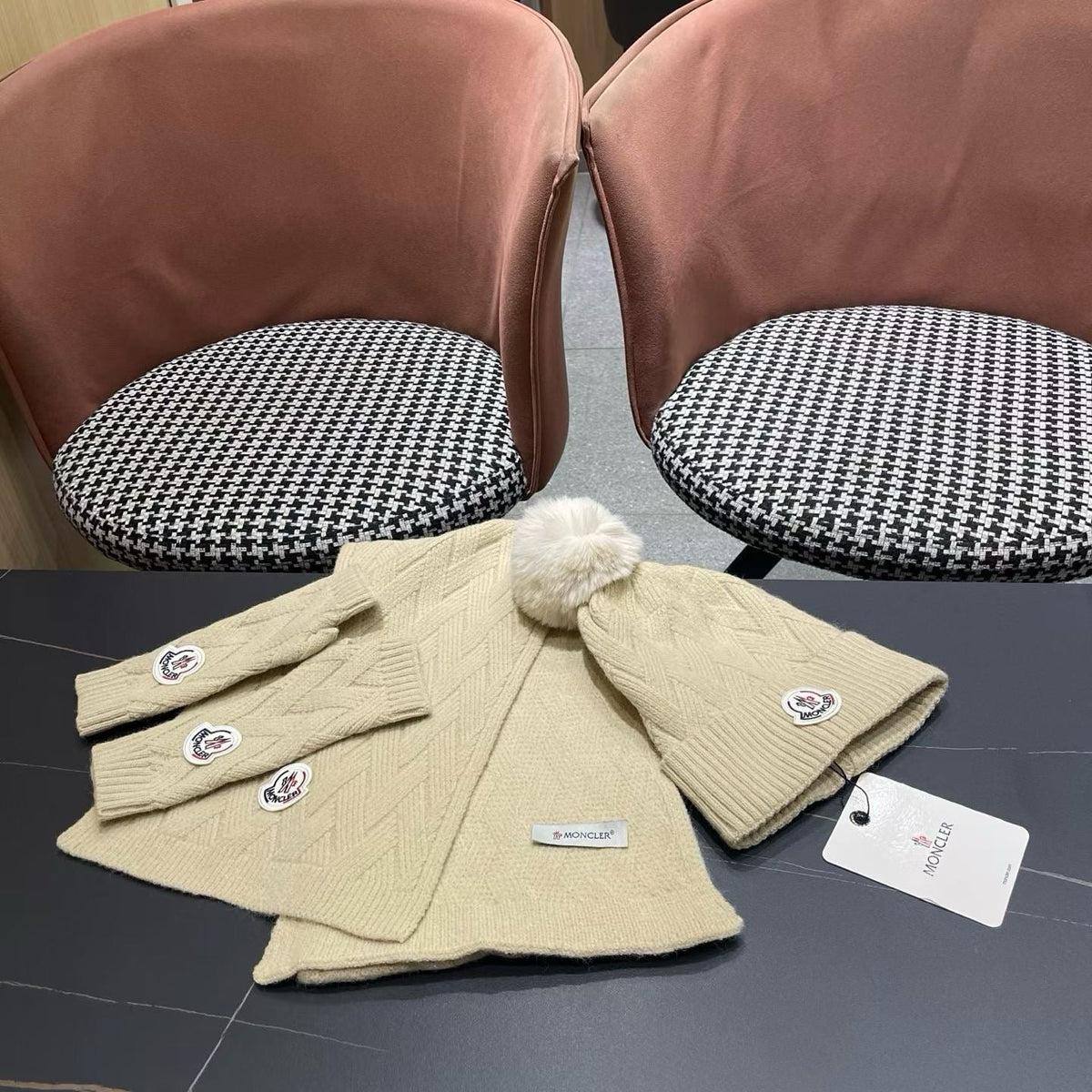 Moncler 26S Cable-Knit Pompom Beanie Scarf & Fingerless Gloves Beige Set 506084
